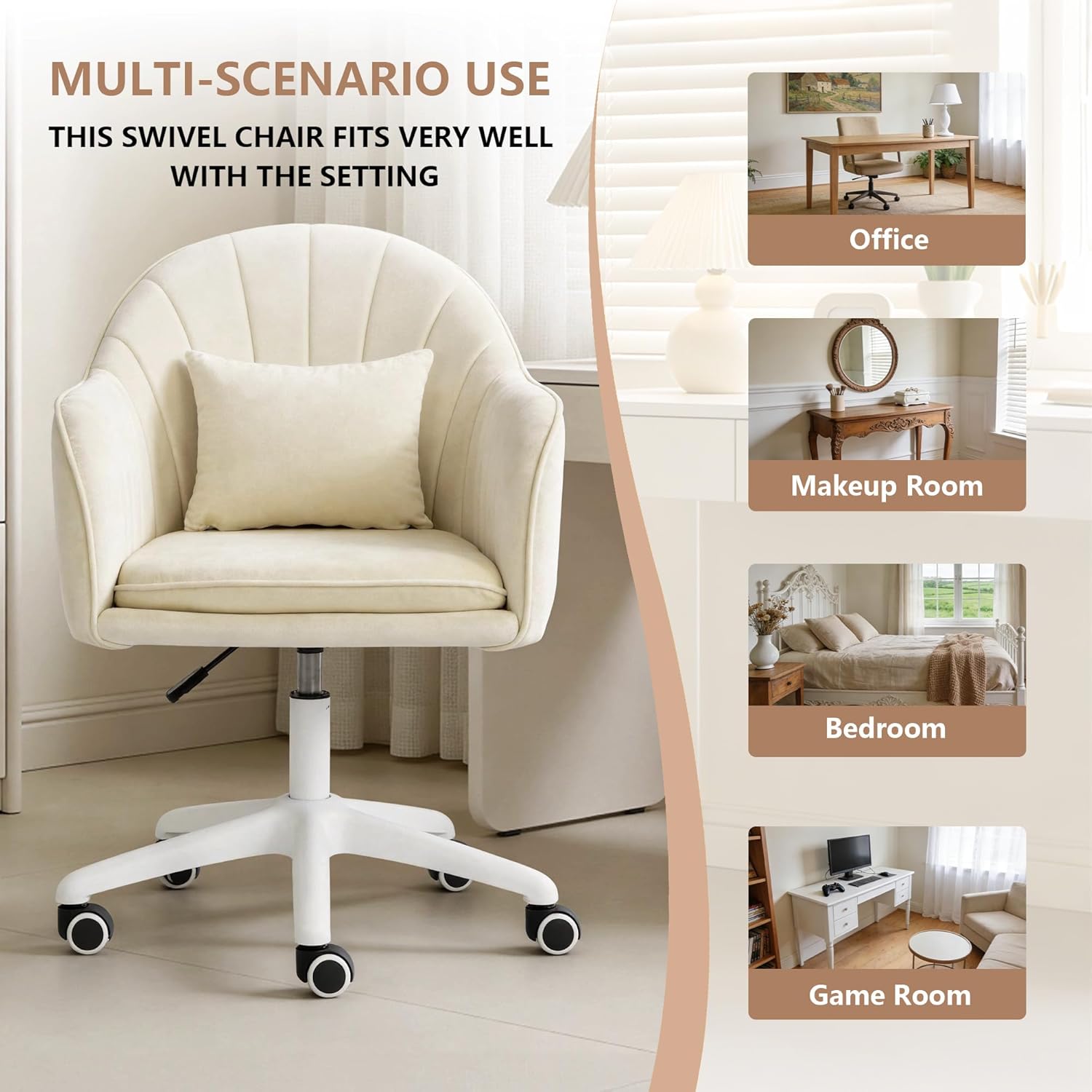 Ergonomischer Bürostuhl, um 360° drehbar, höhenverstellbar, Samtstuhl mit Kissen, Heimbürostuhl bis zu 250 PFD-Last, Schminktischstuhl für Arbeitszimmer, Schlafzimmer, Wohnzimmer, Beige – Bild 8