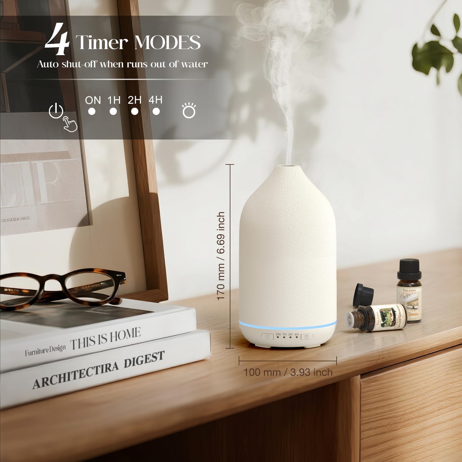 SALKING Aroma-Diffusor, Keramik-Diffusor für ätherische Öle – Duftöl-Duftdiffusor, Ultraschall, BPA-frei, mit einstellbarem Nebelmodus, automatische Abschaltung, leise, für Zuhause, Büro, Yoga, 200 ml, Weiß – Bild 4