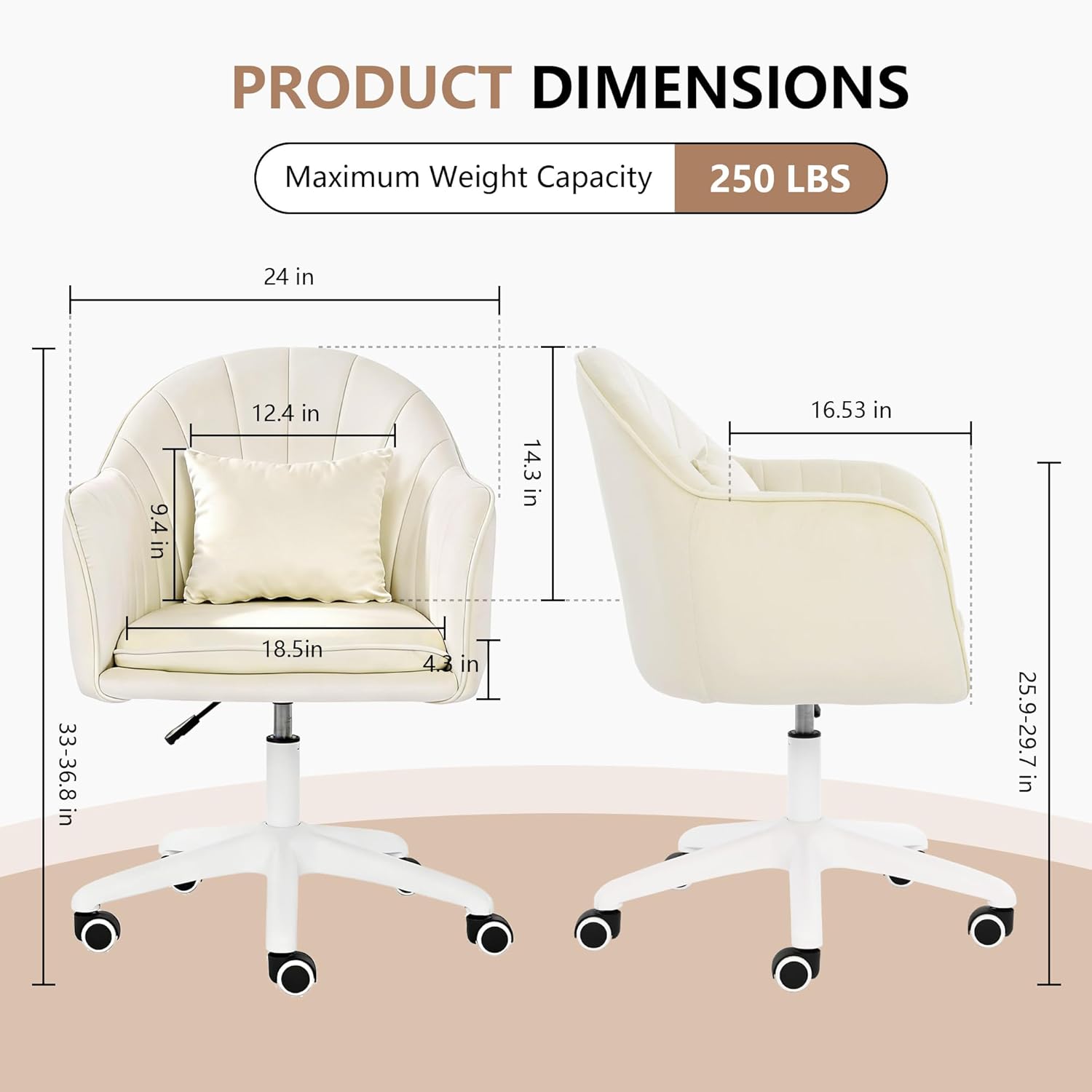 Ergonomischer Bürostuhl, um 360° drehbar, höhenverstellbar, Samtstuhl mit Kissen, Heimbürostuhl bis zu 250 PFD-Last, Schminktischstuhl für Arbeitszimmer, Schlafzimmer, Wohnzimmer, Beige – Bild 2