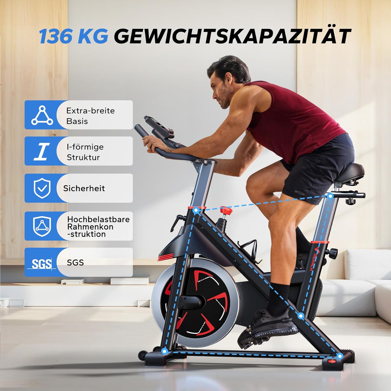MERACH Heimtrainer, Bremsbelag/magnetisches stationäres Rad mit exklusiver App, geräuscharmes Indoor-Fahrradrad mit 270 Pfund Gewichtskapazität, Hantelständer und Fitnesskurse zur Gewichtsreduktion – Bild 4