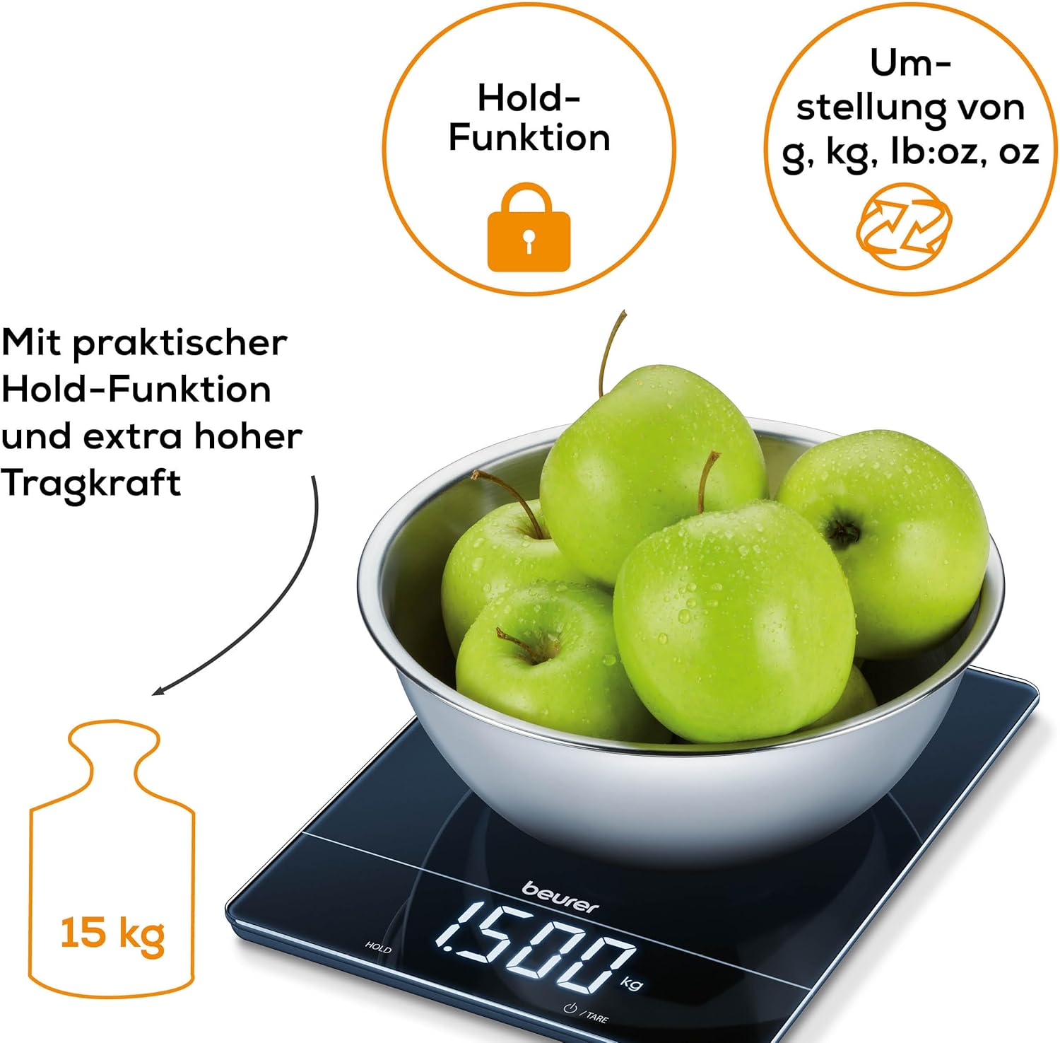 Beurer KS 34 Küchenwaage für präzises Wiegen bis 15 kg mit Tara-Wiegefunktion und Magic LED-Anzeige – Bild 6