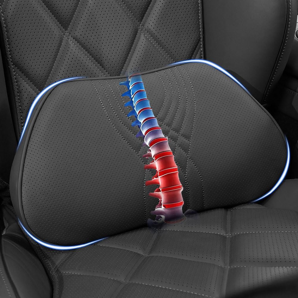 Auto-Lendenkissen – Ergonomische Lendenwirbelstütze mit Memory-Schaum, Leder-Lendenwirbelstützkissen, Autositz-Rückenkissen für Autositze, Bürostuhl, Rollstuhl, Schwarz, 1 Stück