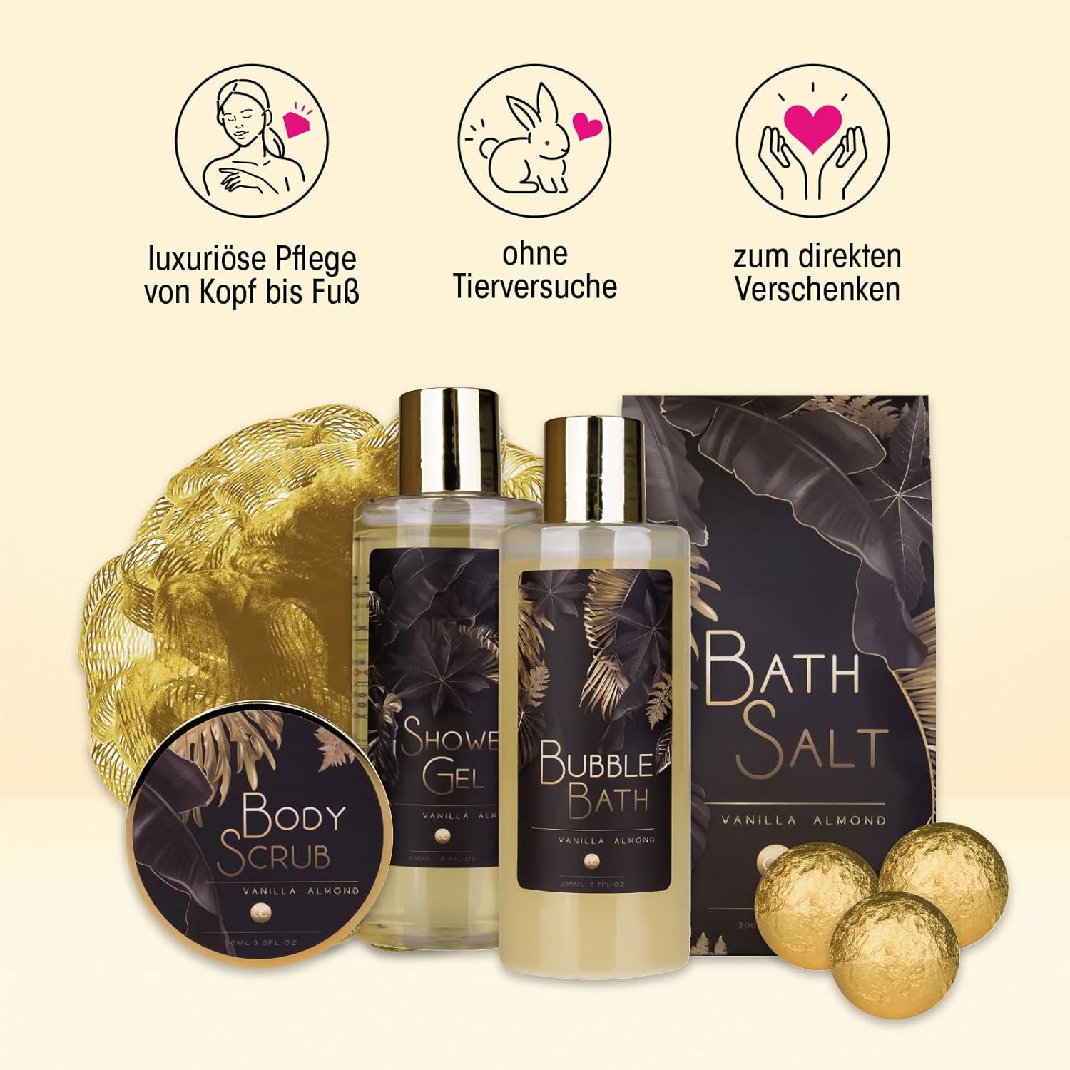 Accentra Luxus-Badeset für Damen, Geschenkset in Glitzerpumpe, 200 ml Duschgel, 200 ml Schaumbad, 200 g Badesalz, 90 ml Körperpeeling, 3 x 15 g Badebomben, Geburtstags- und Muttertagsgeschenk – Bild 4
