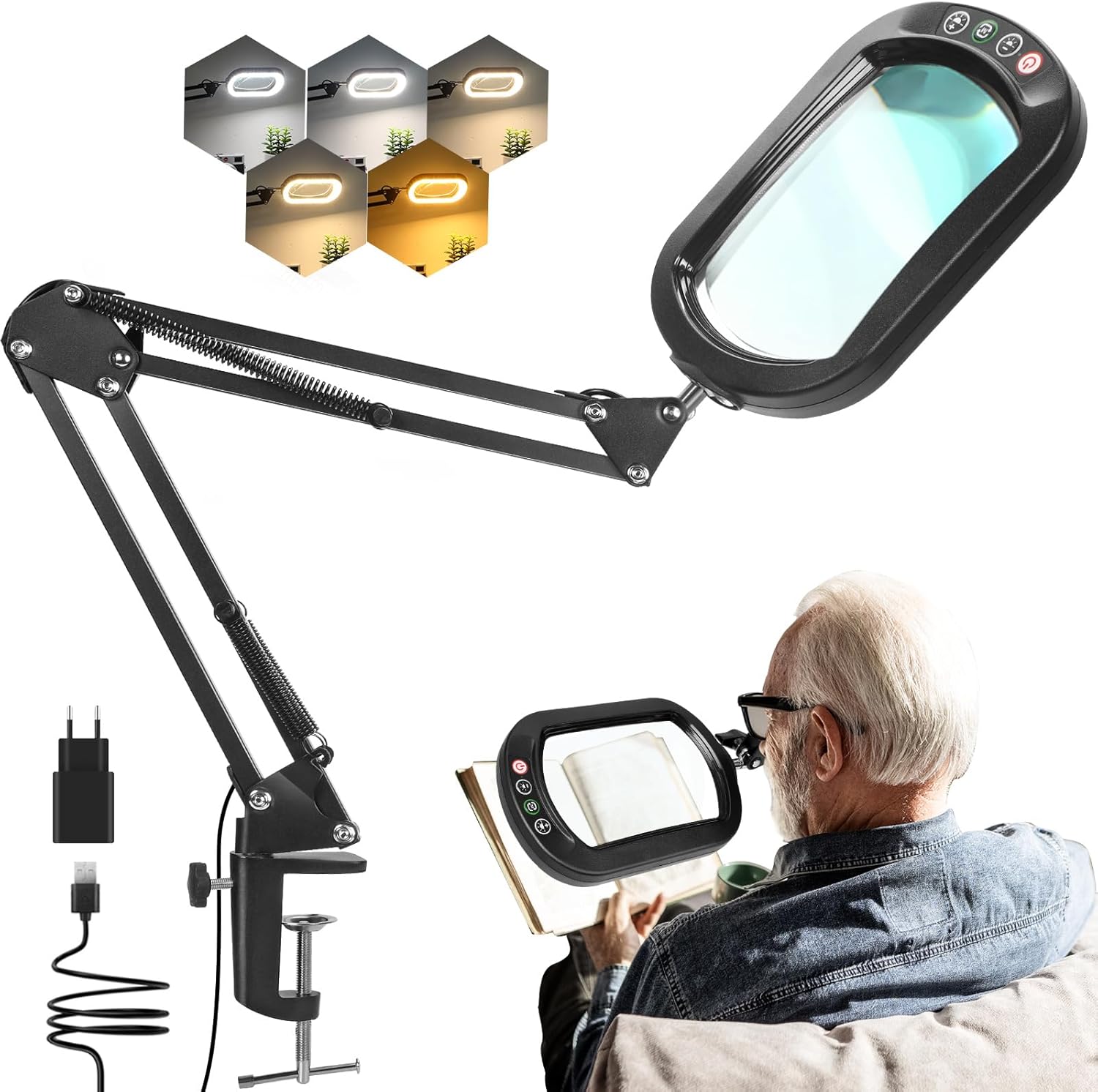 Drdefi 10-fache Lupe mit Licht und Klemme, Echtglas-Ständer-Beleuchtungslupe, 5 Farbmodi und stufenlose Dimmbarkeit, LED-Schreibtischlampe, freihändig für Basteln, Hobbys, Lesen, Malen, Nähen und Naharbeiten