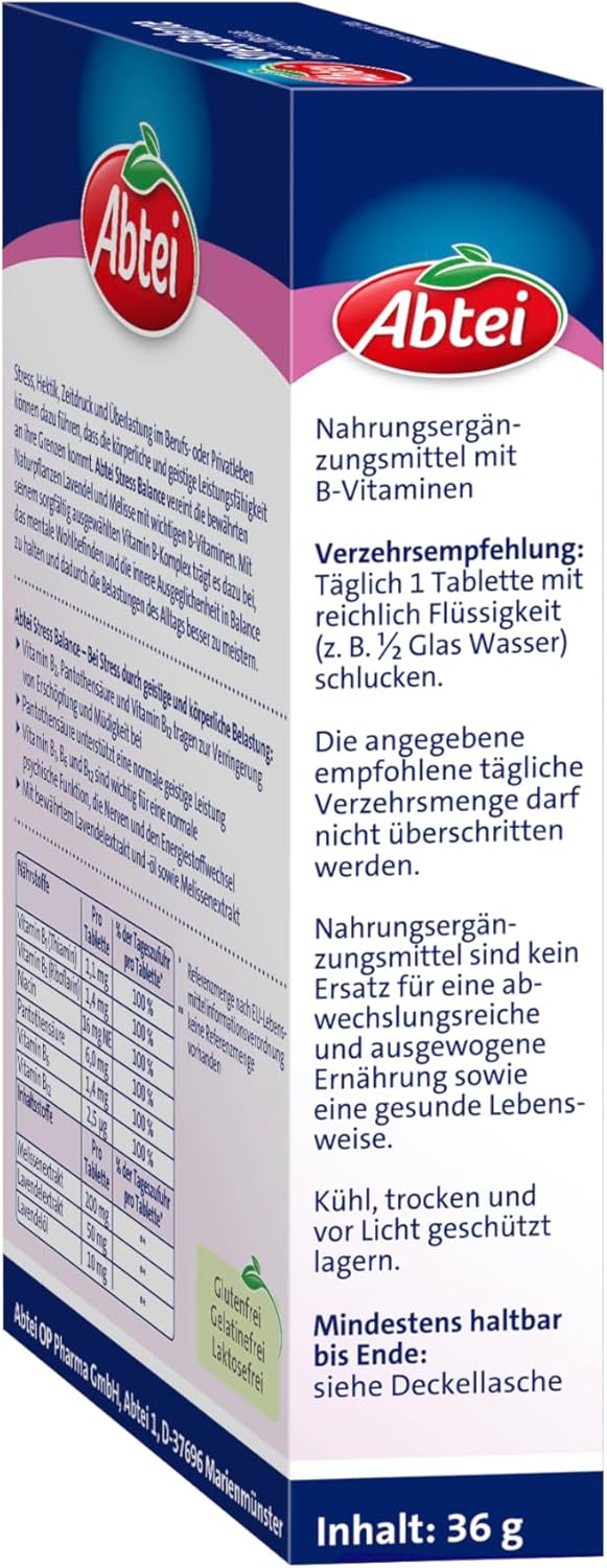 Abtei Stress Balance – mit Lavendel + Melisse – bei Stress durch geistige und körperliche Belastung – mit B-Vitaminen – glutenfrei, laktosefrei, gelatinefrei – 1 x 30 Tabletten – Bild 3