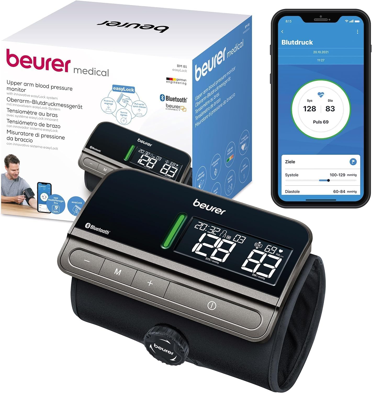 Beurer BM 81 easyLock Oberarm-Blutdruckmessgerät, einfache Bedienung ohne Kabel, klinisch validiert, Manschette mit Schraubverschluss, sanfte und schnelle Messung, Datenübertragung an Apple Health und Co