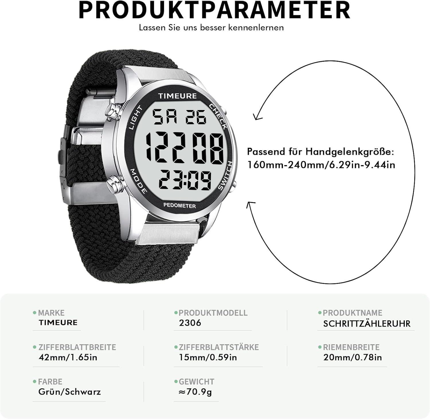 Schrittzähleruhr, modische Uhr, wasserdichte Uhr, großes digitales Display, einfacher Schrittzähler für Männer und Senioren, genauer Schrittzähler (grün) – Bild 6