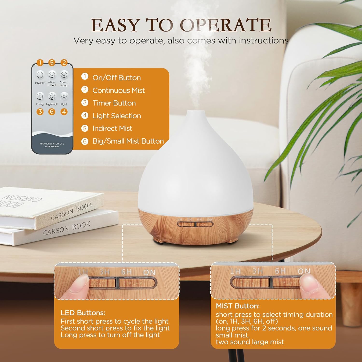 Cozary Aroma Diffuser 400 ml, Ultraschall-Aromatherapie-Raumduftdiffusor für ätherische Öle mit 7-Farben-LED-Licht, Diffusor-Luftbefeuchter mit Fernbedienung, 3 Timer, automatische Abschaltfunktion – Bild 5