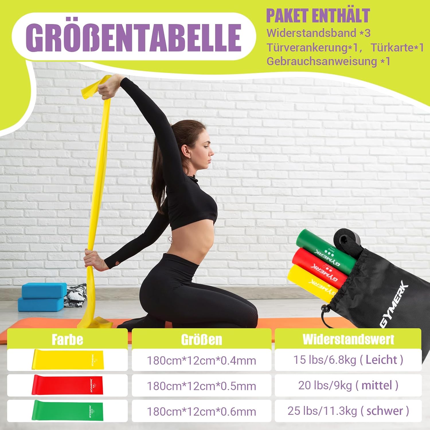 GYMERK Fitnessbänder 3er Set, 1,8 m Übungsband mit 3 Widerstandsstufen, Fitnessband mit Türanker, Tragetasche und Übungsanleitung, ideal für Yoga, – Bild 2