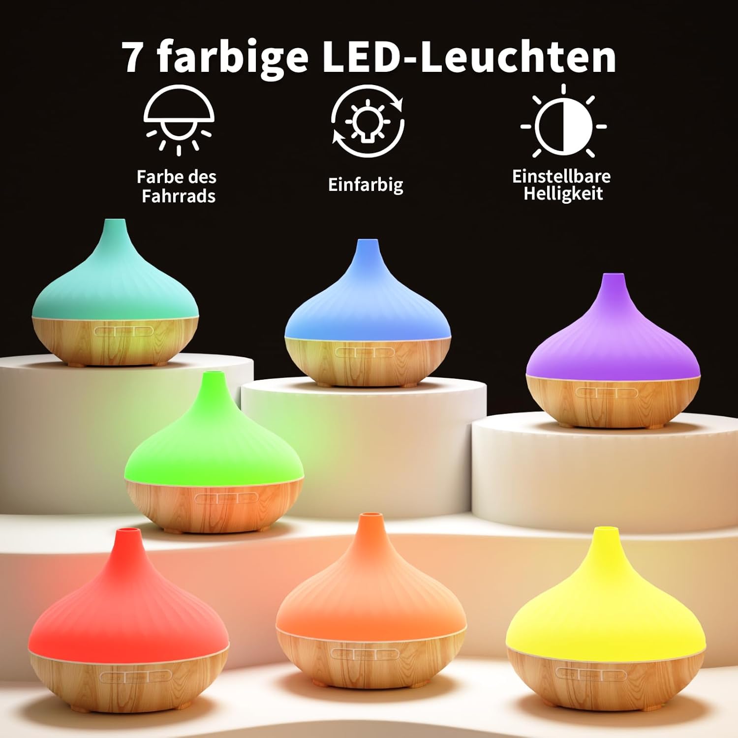 Aromadiffusor für Duftöle 500 ml, mit Fernbedienung und Set aus ätherischen Blumenölen 6 x 10 ml, 4 Timer-Einstellungen, 7 Arten von LED-Lichtfarben – Bild 3