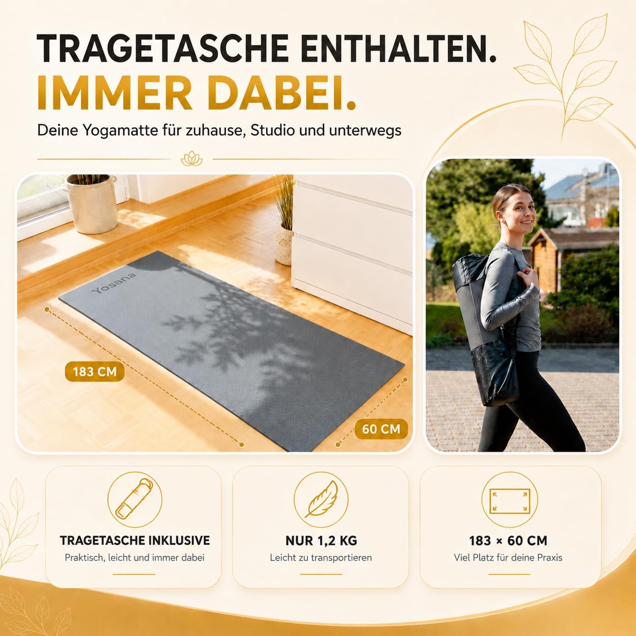Yogamatte inkl. Tragetasche & Video Kurs I Yoga Matte rutschfest I weiche Gymnastikmatte I Sportmatte 183x60cm I Fitnessmatte I Pilatesmatte 6mm Dick – Bild 4