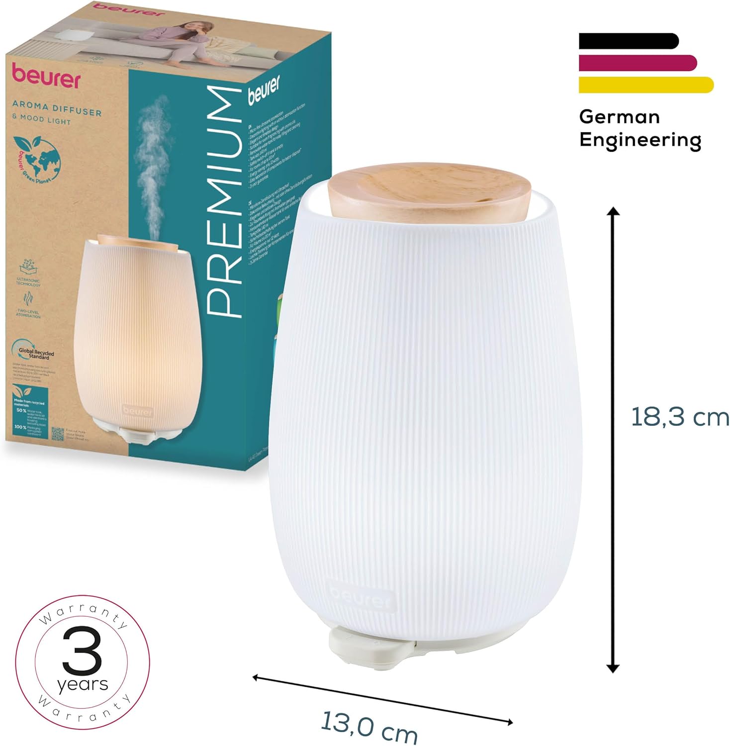 Beurer LA 45 Aromadiffusor für ätherische Öle, 2-stufiger Ultraschallvernebler für Aromatherapie, Stimmungslicht in 9 Farben, Keramikgehäuse & Holzdeckel, mit Timer und automatischer Abschaltung, bis zu 20 m² – Bild 6