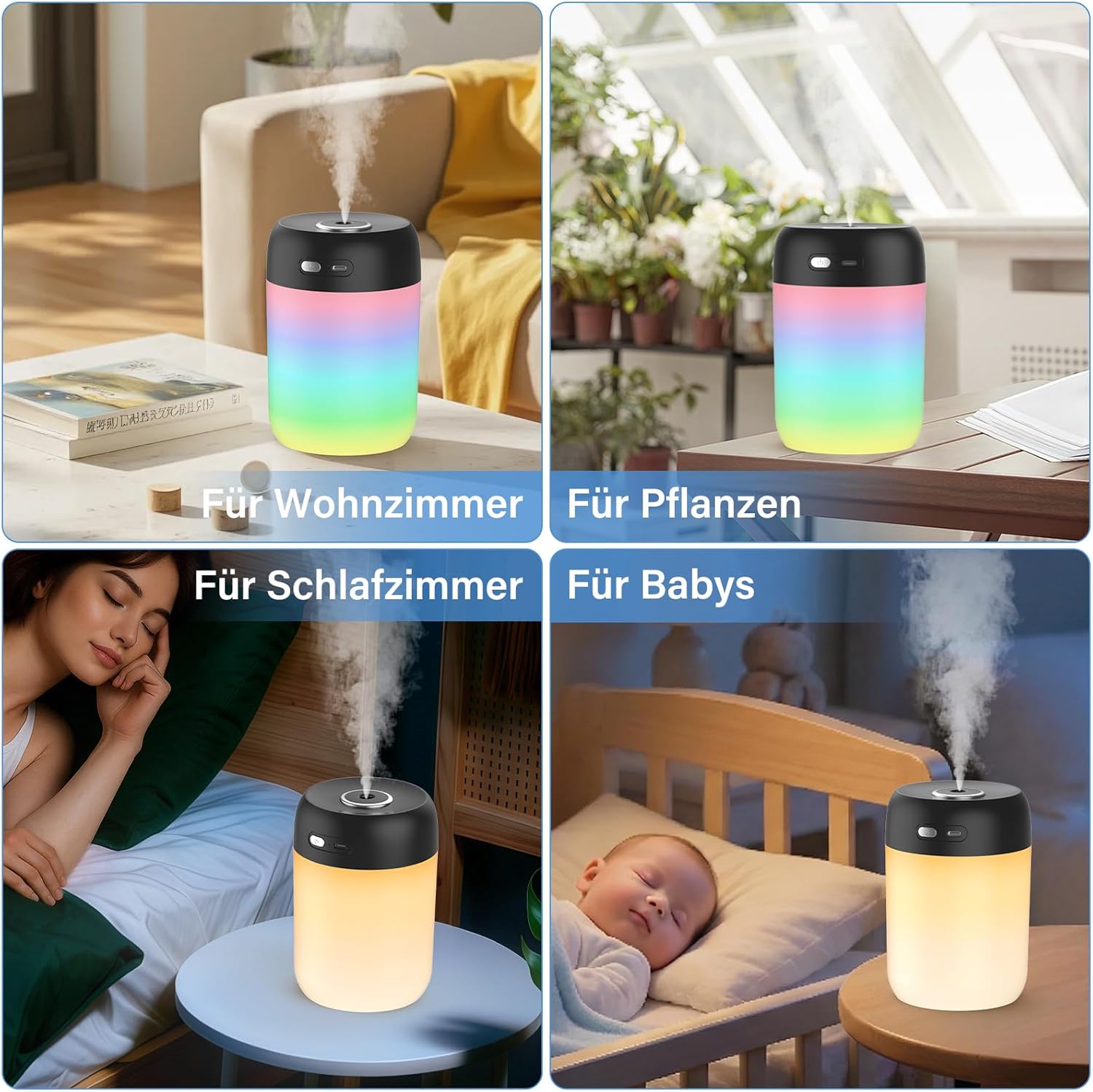 SZO Mini-Raumbefeuchter Schlafzimmer mit Nachtlicht, Luftbefeuchter, Füllung von oben, 2 Sprühmodi, leise, automatische Abschaltung, für Desktop, Babyzimmer, Büro, Pflanzen, Schwarz – Bild 5