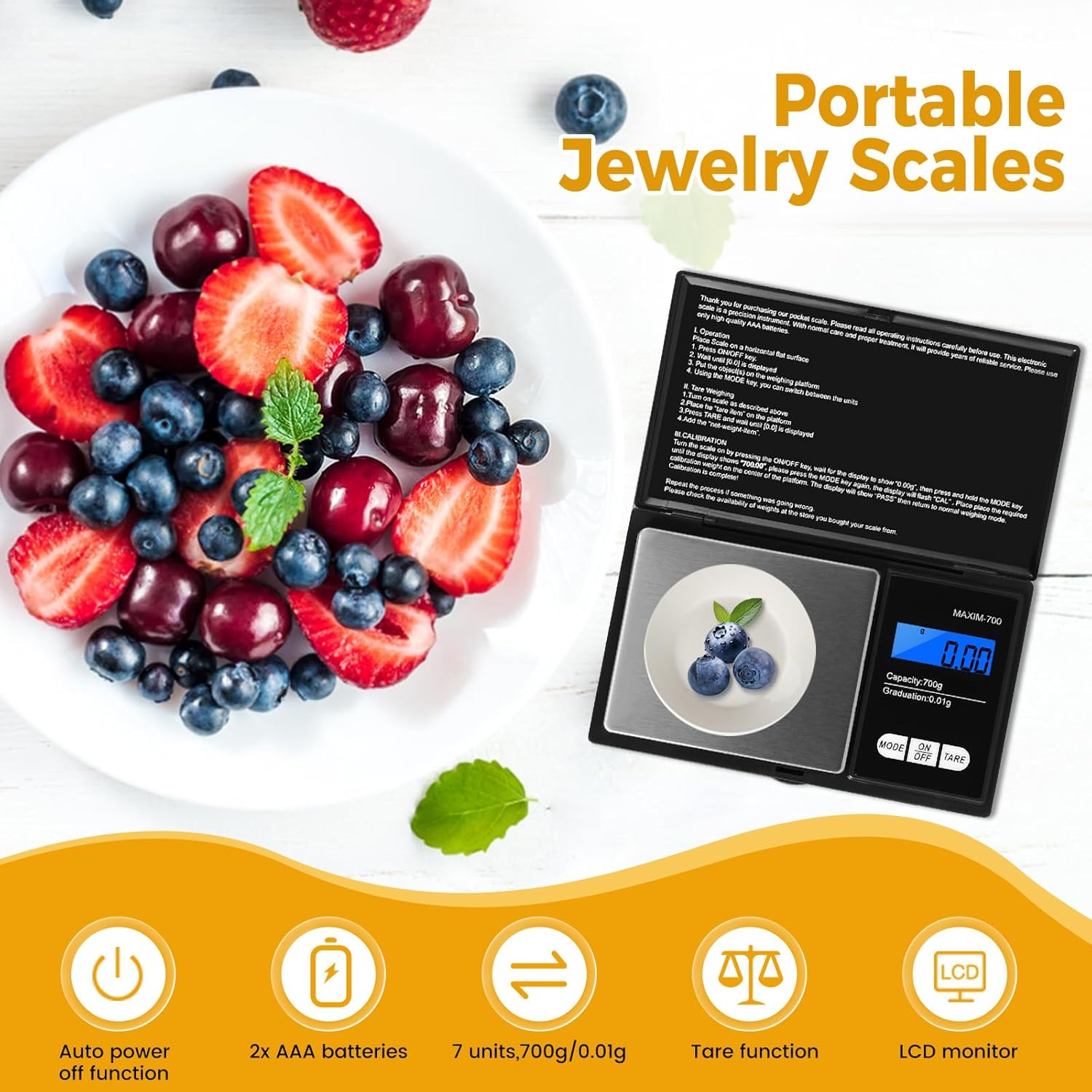 Oderra Präzisionswaage 700 g x 0,01 g, tragbare Schmuckwaage mit LCD-Display, inklusive 2 Batterien, geeignet für Schmuck, Gold, Kaffee und Lebensmittel – Bild 6