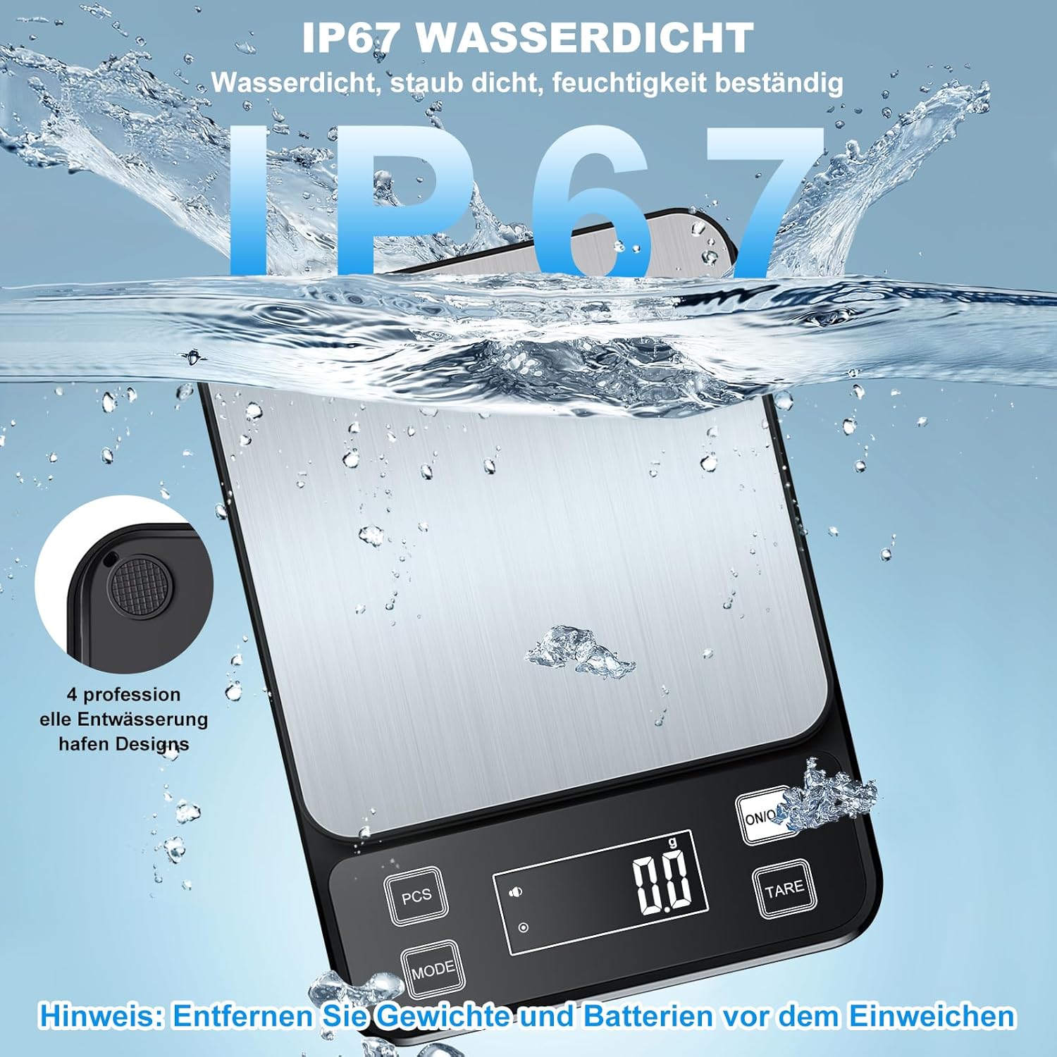 Diyife Wasserdichte IPX67 Küchenwaage 10 kg, 0,1 g Digitalwaage mit großer Wiegefläche aus Edelstahl, wiederaufladbare Lebensmittelwaage, 10 Einheiten, LCD-Display, Tara-Zählfunktion, Buchstabenwaage, Schwarz – Bild 2