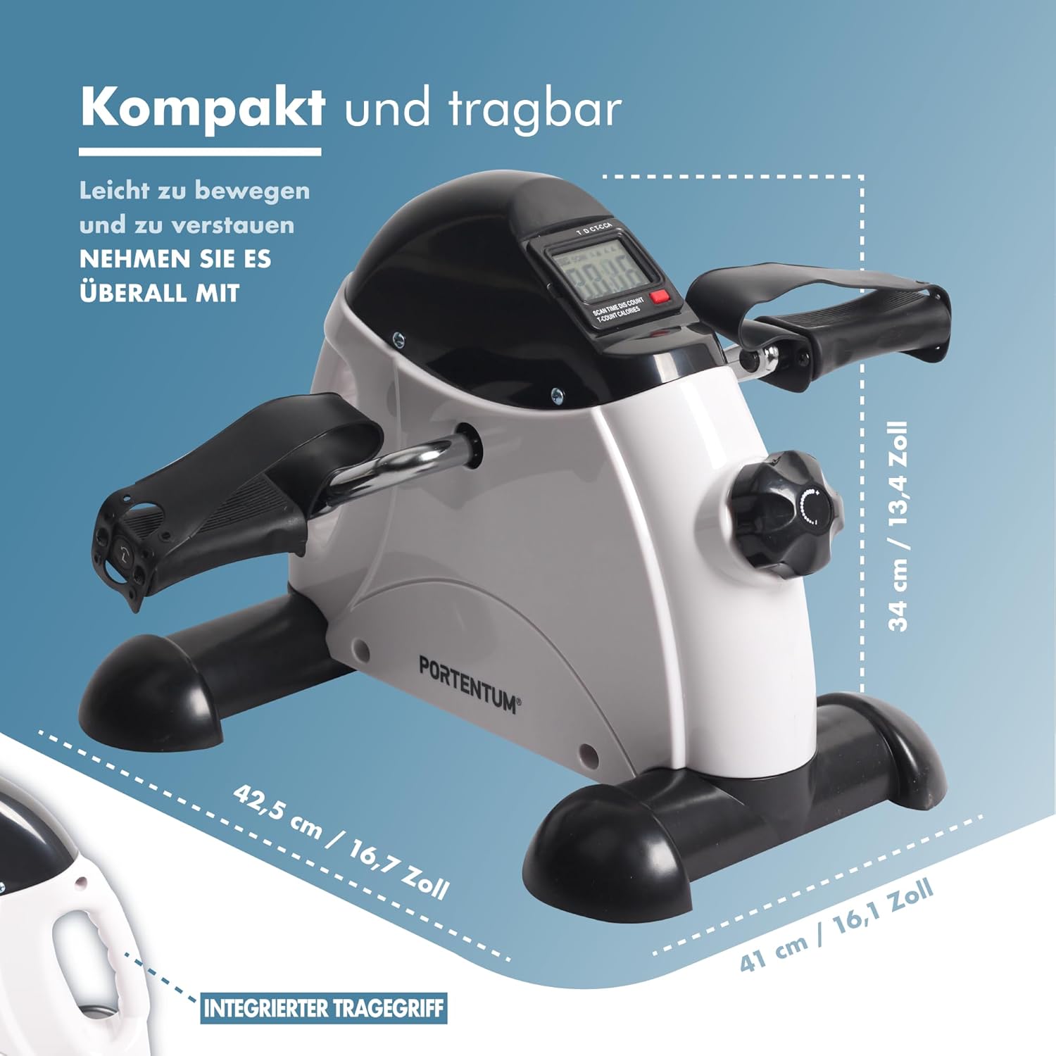 PORTENTUM Pedaltrainer für Senioren mit LCD-Display 6 Funktionen – Sitzender Beintrainer kompakt mit verstellbarem Widerstand und Tragegriff – tragbares Design als Mini-Heimtrainer für Zuhause – Bild 2