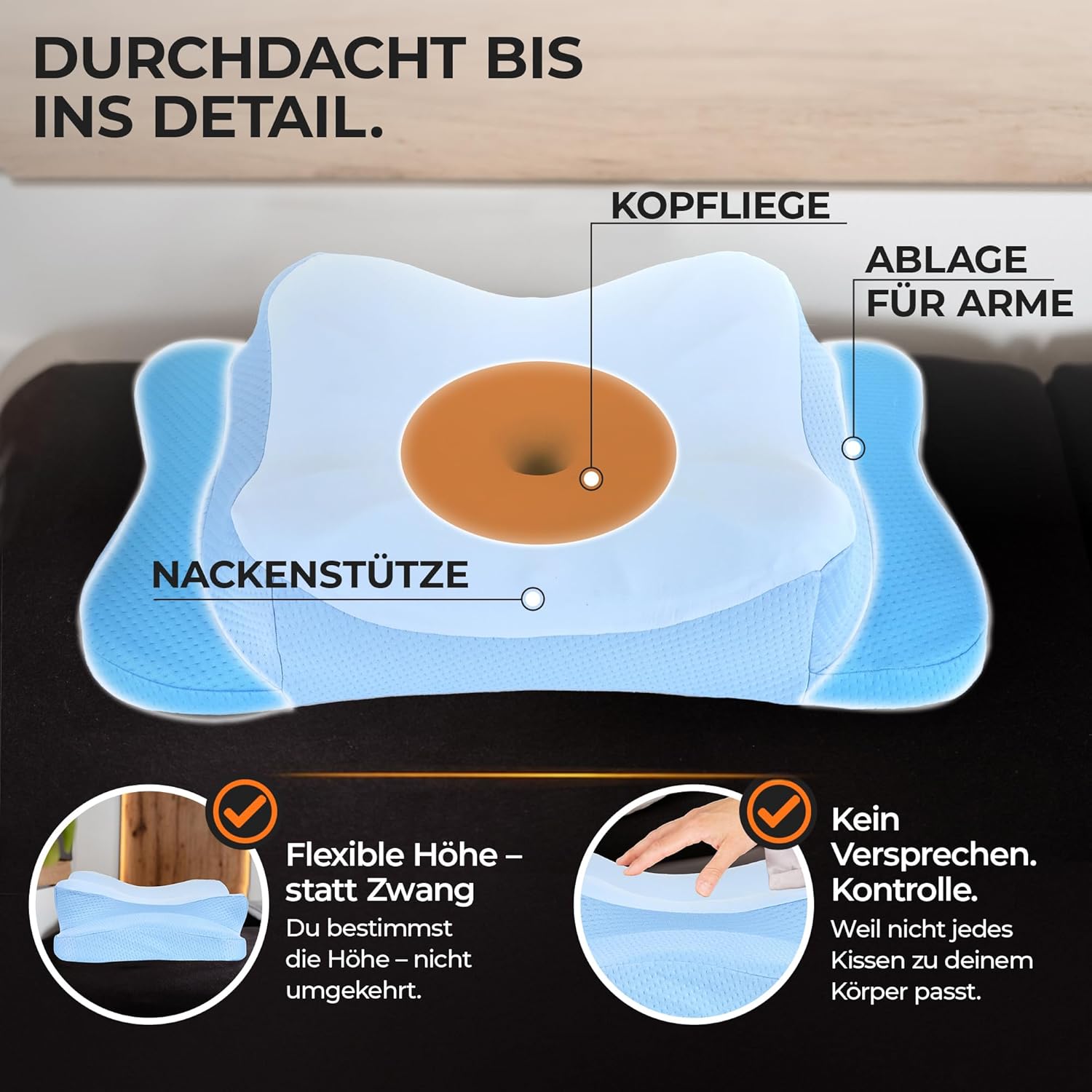 Orthopädisches Kissen – Nackenstützkissen, ergonomisches Memory-Schaum-Kissen für alle Schlaftypen, inklusive hochwertigem Bezug, kühlende Wirkung, blau – Bild 5