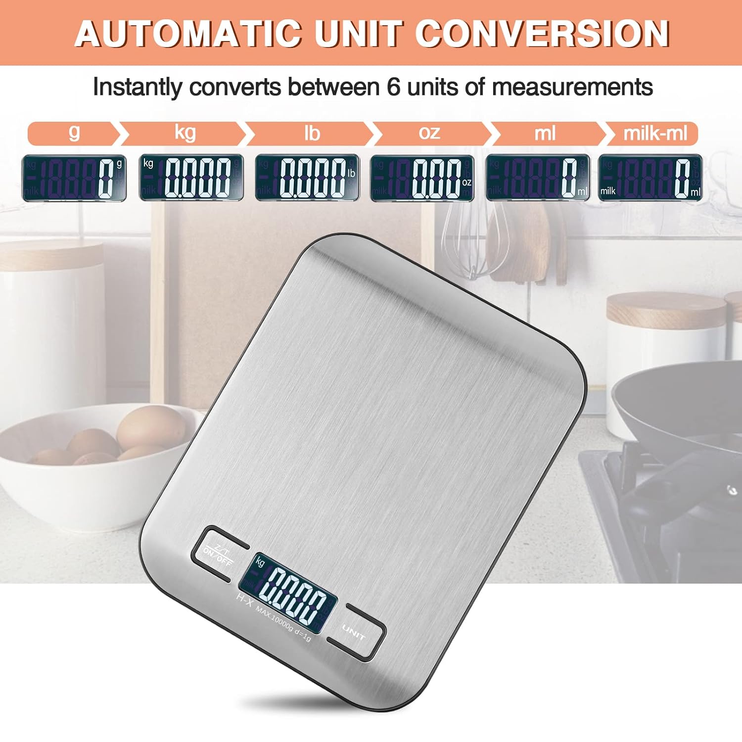 Digitale Küchenwaage mit LCD-Display und Tara-Funktion, präzise 1-g-Messung zum Backen und Kochen, Silber – Bild 3