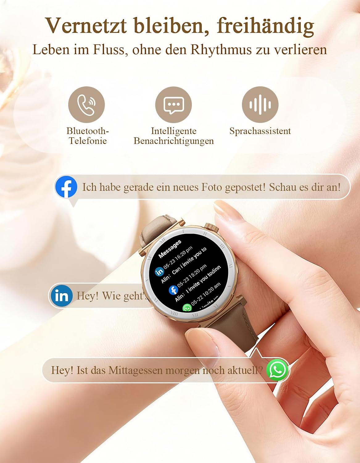 Damen-Smartwatch, Eleganz in Klein mit 1,19 Zoll AMOLED-Display und schmalem Lederarmband, Fitnessuhr mit Schrittzähler, Sportmodi, Puls-/SpO2-/Schlafmonitor für iOS/Android, Roségold/Braun – Bild 7