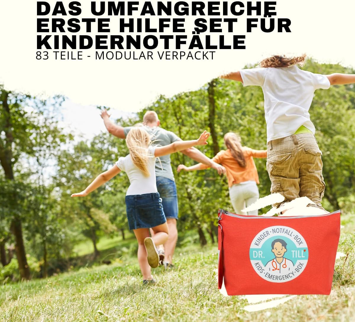 Dr. Tills Kinder-Notfallbox modular | 83 Teile | Erste-Hilfe-Set für Kinder & Eltern in Notfällen | Enthält einen Erste-Hilfe-Leitfaden und Notfallkarten für Kinder – Bild 2