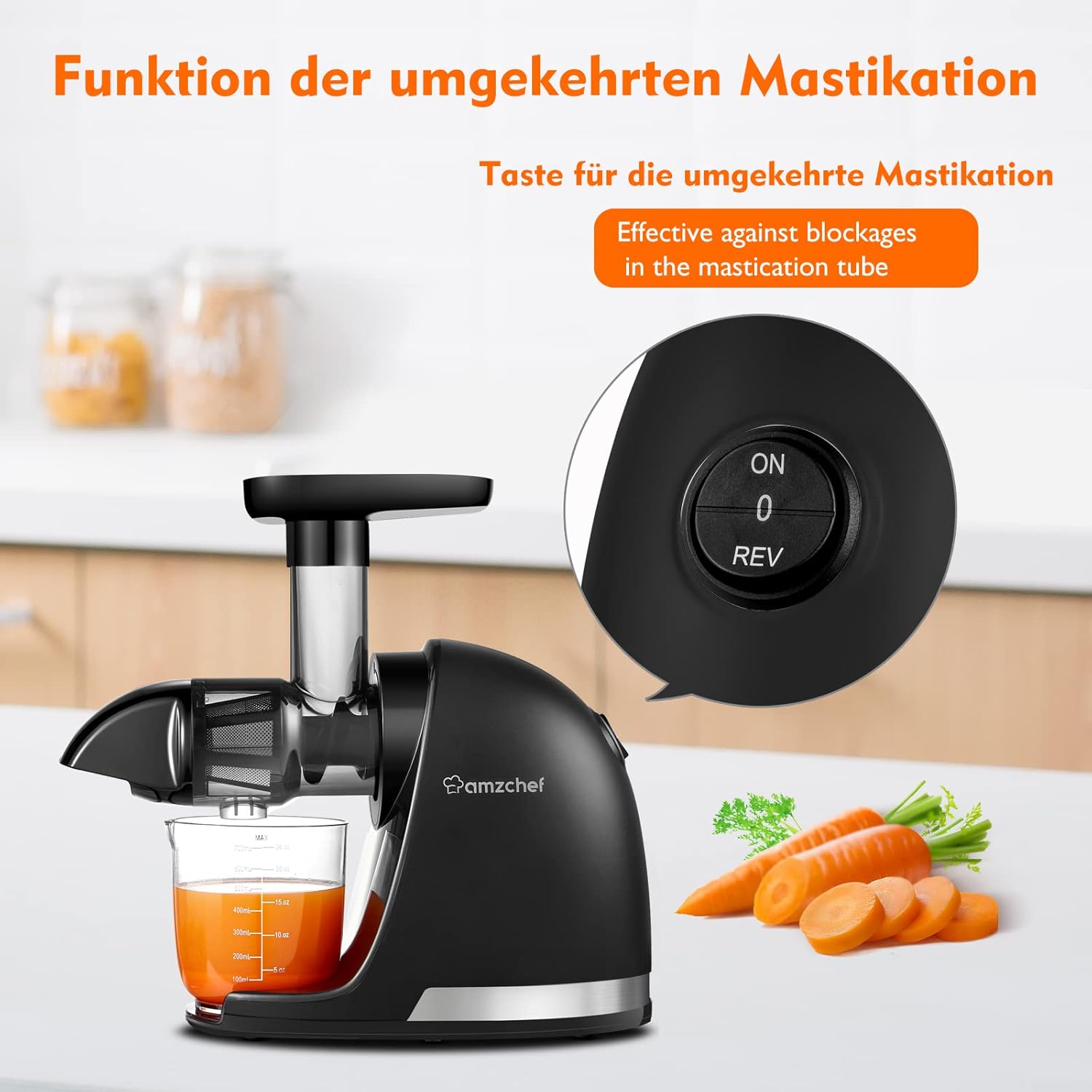 AMZCHEF Entsafter Gemüse und Obst Testsieger – Entsafter Slow Juicer mit umgekehrter Kaufunktion – schonendes Zerkleinern ohne Filter – elektrischer Entsafter mit Bürste und 2 Tassen – mattschwarz – Bild 8