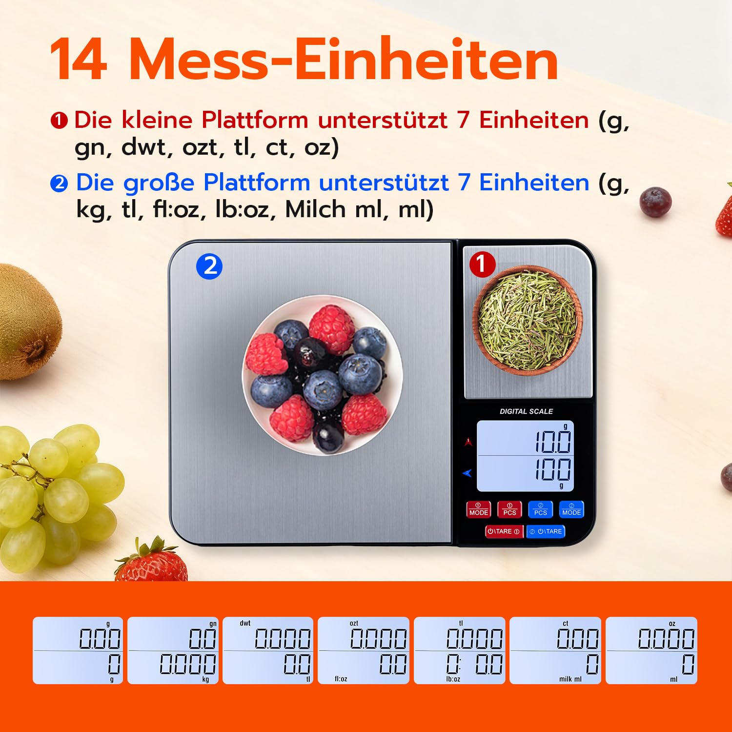 Wigearss Digitale Küchenwaage mit Doppelplattform, 10 kg/1 g und 500 g/0,01 g, Doppelfunktions-Küchenpräzisionswaage mit 7 Einheiten, Zähler, Tara-Funktion – Bild 3