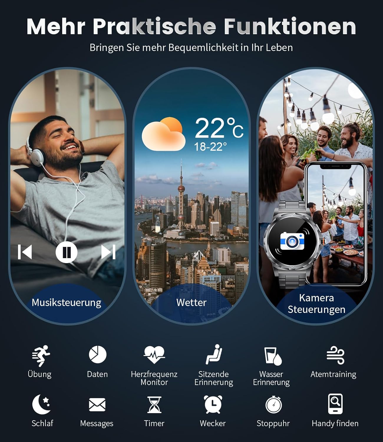 LIGE Military Smartwatch Herren, 1,43 Zoll HD AMOLED Smartwatch mit Telefonfunktion, schwarze Fitnessuhr mit 120+ Sportmodi, Herz-/Schlaf-Tracking, IP68 wasserdichte Sportuhr für iOS/Android – Bild 6