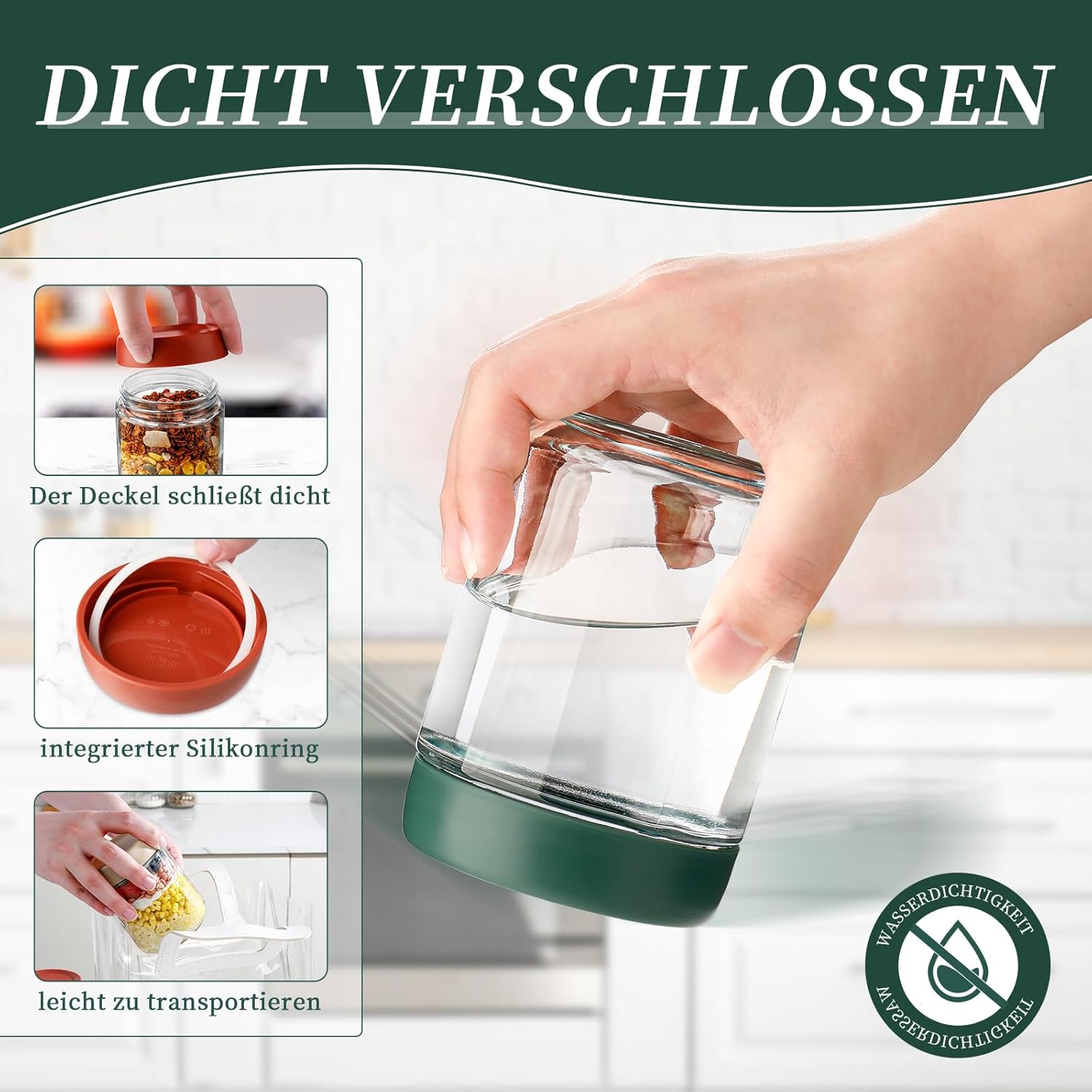 Set mit 4 Overnight-Oats-Gläsern mit Löffel und Deckel – 500-ml-Meal-Prep-Boxen aus Glas – Müslibecher zum Mitnehmen und Einmachgläser mit Schraubdeckel für Marmelade – Einmachgläser-Glasbehälter zum Einmachen und Einlegen – Bild 2