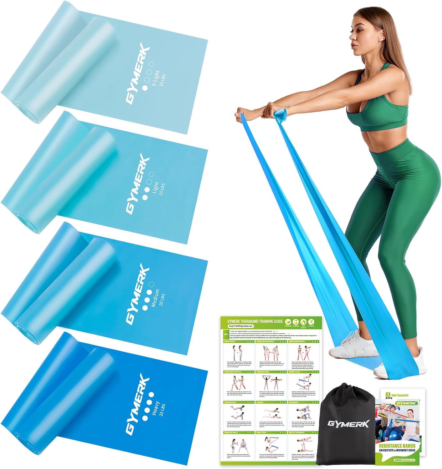 GYMERK Fitnessbänder Set 4er, 1,8M/2M Fitnessband, 4 Widerstandsstufen mit Übungsposter, Gymnastikband mit Tragetasche & Übungsanleitung, Ideal für Yoga, Pilates, Muskelaufbau
