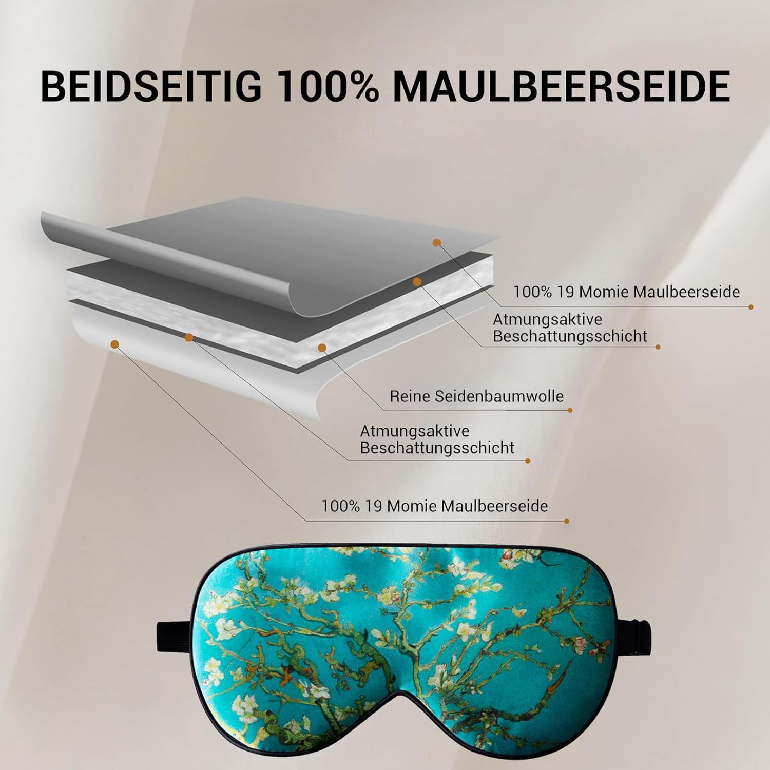 Schlafmaske aus 100 % Maulbeerseide mit Reisetasche. Beidseitig echte 19 Momme Seide, verstellbare Augenmaske für Frauen, grün geblümt – Bild 3
