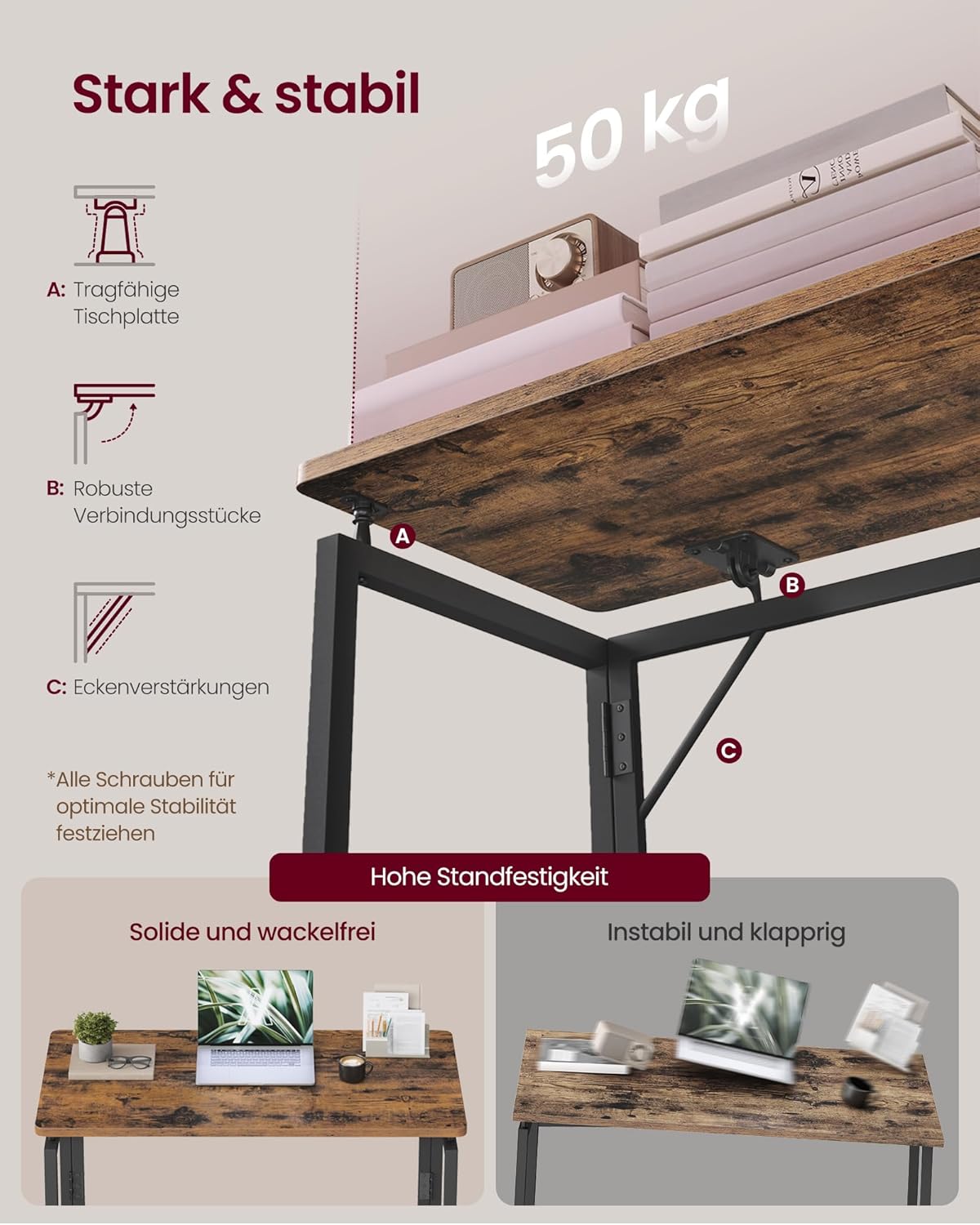 VASAGLE LWD151KD01 Klapptisch, kleiner Schreibtisch, Computertisch, einteilige Platte, abgerundete Ecken, Tisch für Heimbüro, Schlafzimmer, 80 x 40 cm, Vintage-Braun – Bild 6