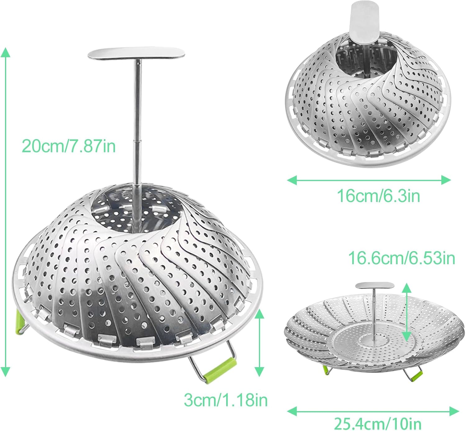 Dampfgarer aus Edelstahl, verstellbarer Dampfgareinsatz (16–25,4 cm), Dampfgareinsatz mit ausziehbarem Griff, Dampfgarkorb für Gemüse, Dampfgareinsatz für Topf, Dampfgareinsatz klappbar für Kochtöpfe – Bild 2