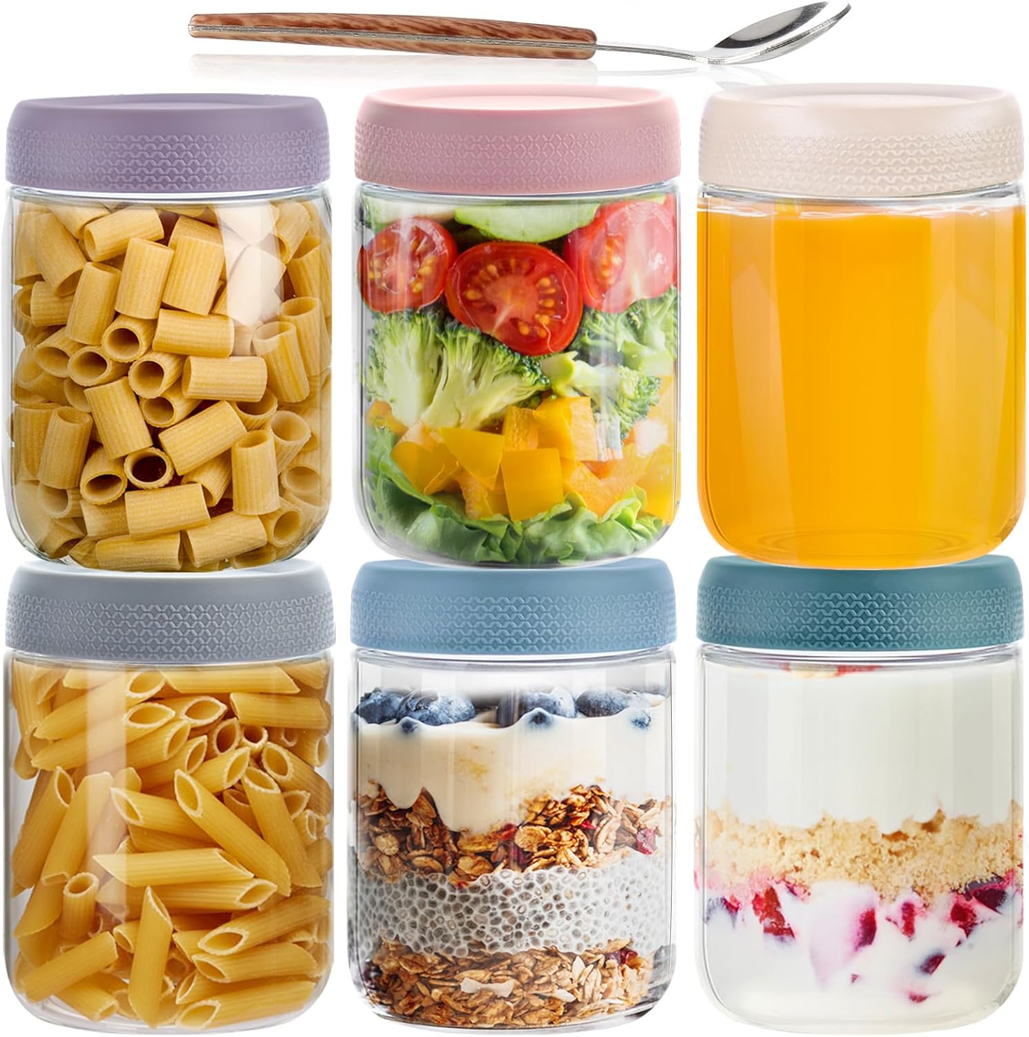 500-ml-Overnight-Oats-Gläser, 6 Stück Meal-Prep-Gläser mit Deckel und Löffel, Weithalsgläser mit Deckel, Joghurt-Snacks, Obst, Salatdressing, Soße, Getreide auslaufsicher – Bild 8