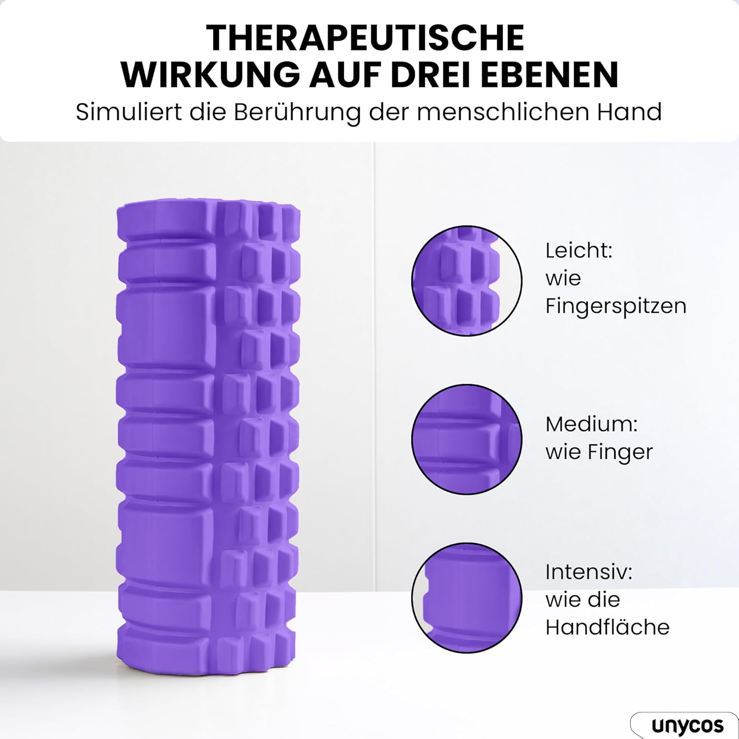 unycos - Faszienrolle (33 x 14 cm), Fitnessrolle mit 3D-Texturmassage und 50 Übungen E-Book, Hartschaumrolle zur Selbstmassage, belastbar bis 130 kg, Massagerolle für funktionelles Training (Lila) – Bild 2