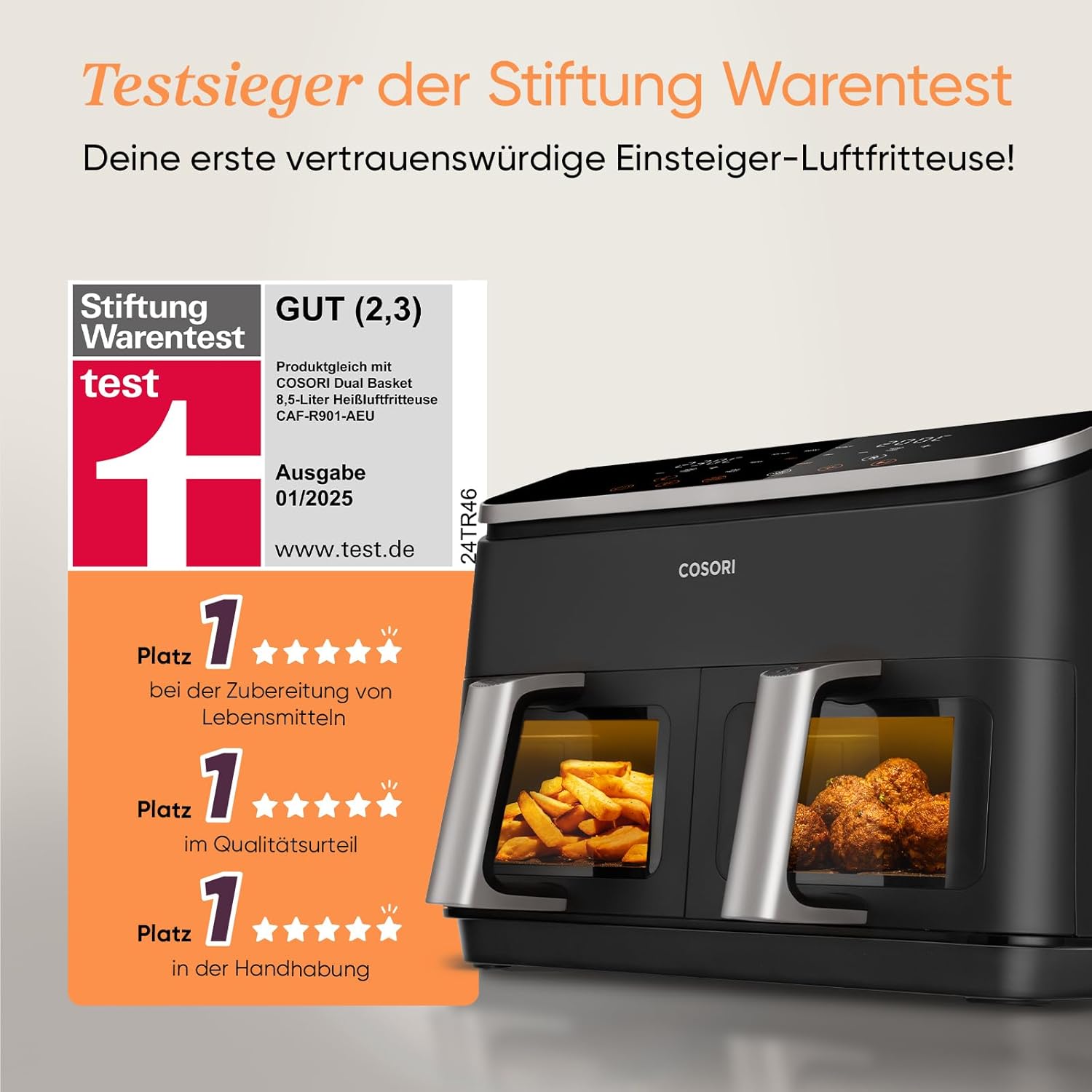 COSORI Heißluftfritteuse mit 2 Kammern, 8-in-1-Dual-Zone XXL 8,5 l, verfügt über ein Doppelkammer-Design mit Sichtfenstern für ausgewogene Mahlzeiten; Enthält 50 Rezepte, ist energiesparend und reicht für 1–5 Personen – Bild 2
