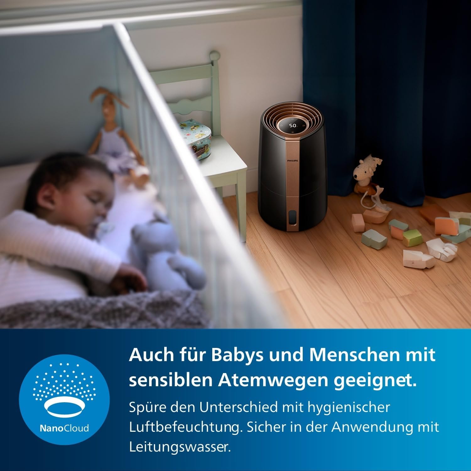 Philips 3000 Series HU3918/10 Luftbefeuchter, für bis zu 45 m², hygienische NanoCloud-Technologie, leiser Nachtmodus, Automatikmodus, 3 Liter Wassertank, schwarz – Bild 6