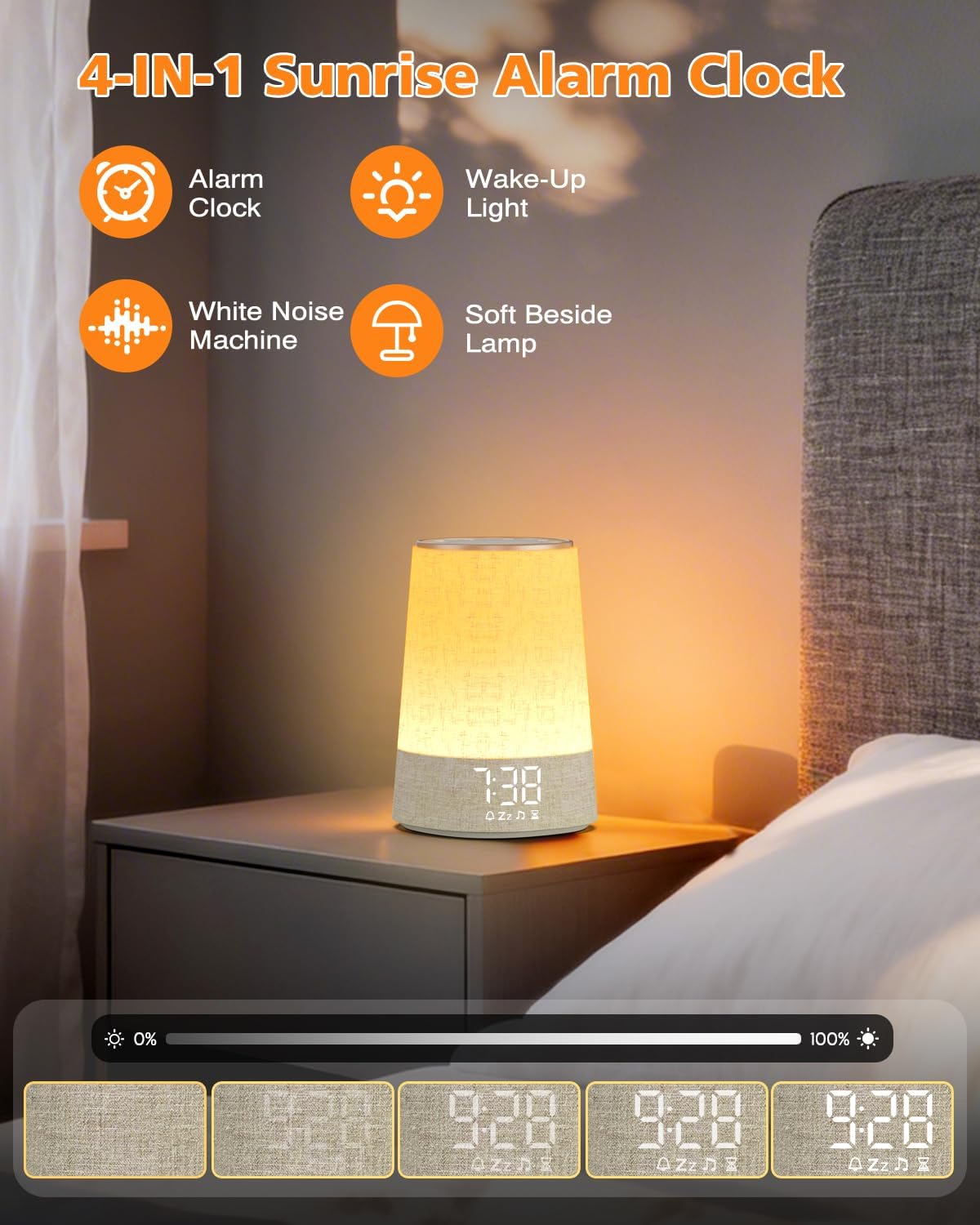 Tageslichtwecker Sonnenaufgang mit 7 sanften Alarmtönen, 30 natürlichen Klängen, 3 Alarmmodi, dimmbarem Display, 10 Helligkeitsstufen, Nachttischlampe, Schlafzimmer, Geschenke für Frauen, Männer, Teenager, Mädchen – Bild 2