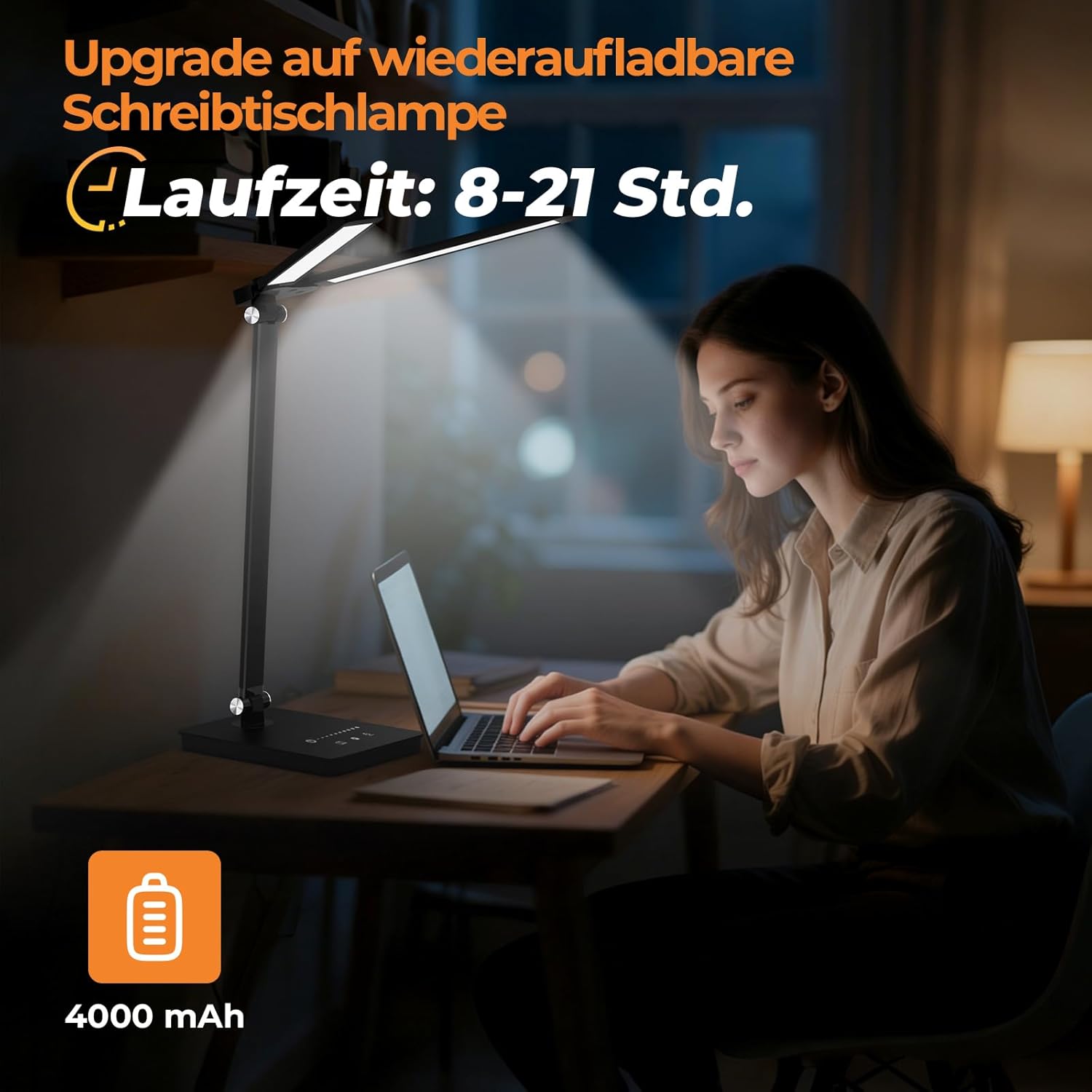Schreibtischlampe LED dimmbar mit 4000 mAh Akku, 5 Farben und 10 Helligkeitsstufen – kabellose Tischlampe mit USB-Anschluss, Touch-Steuerung und Timer für Kinder, Büro und Lesen (schwarz) – Bild 4