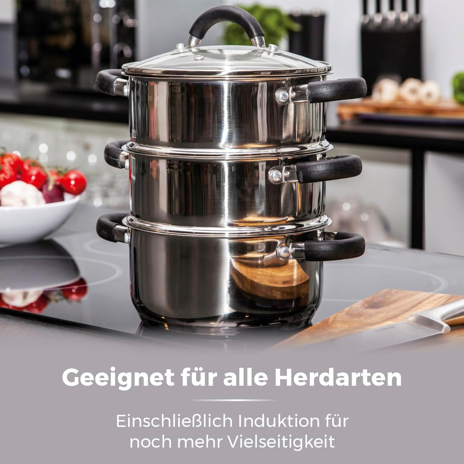 Tower T80836 Essentials Induktions-Dampfgarer, 3-lagig, mit Glasdeckel und Silikongriffen, Kartoffeldämpfer aus Edelstahl mit polierter Hochglanzoberfläche, 18 cm, Silber – Bild 7