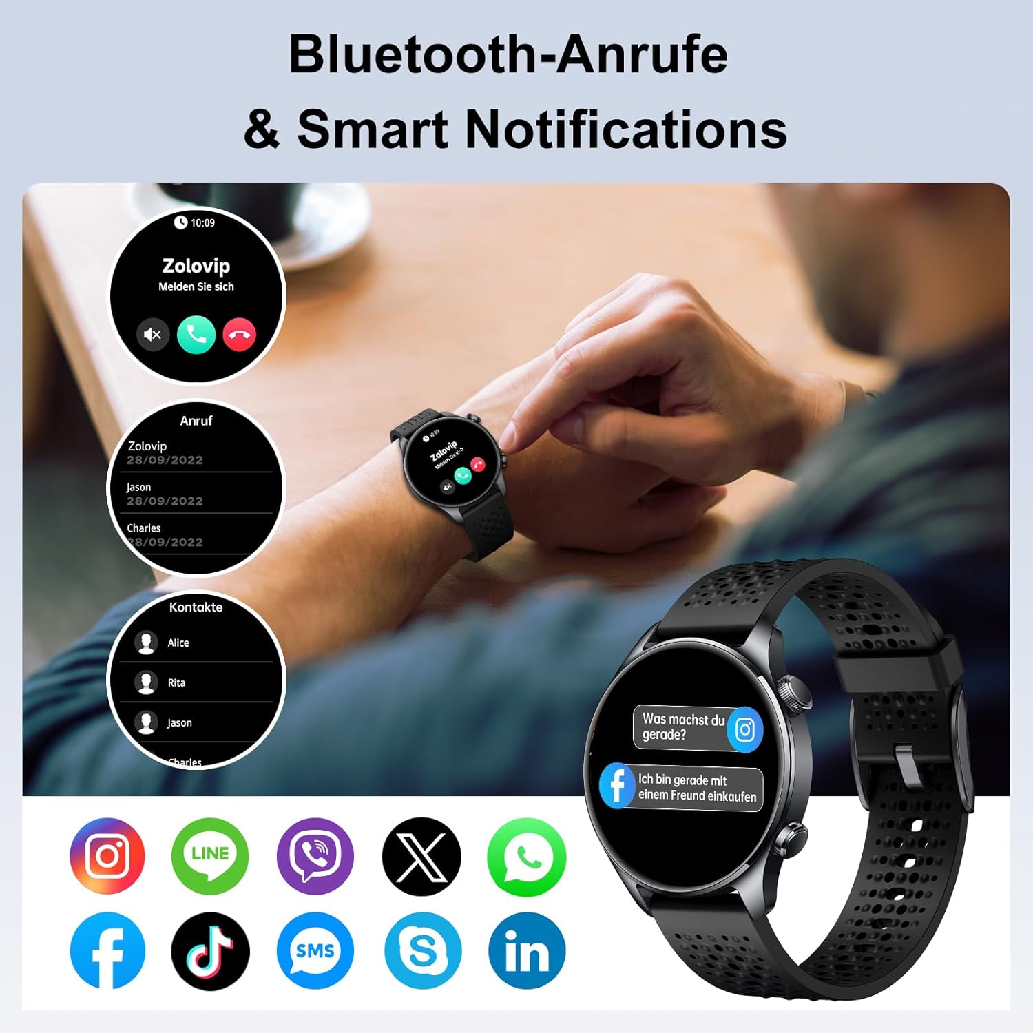 Runde Herren-Smartwatch mit integriertem GPS, 1,43 Zoll AMOLED Always-On-Display, 3ATM wasserdichte Fitnessuhr, 100+ Sportmodi, Herzfrequenz-/SpO2-/Schlafmonitor, Schrittzähler, iOS/Android, Schwarz – Bild 5