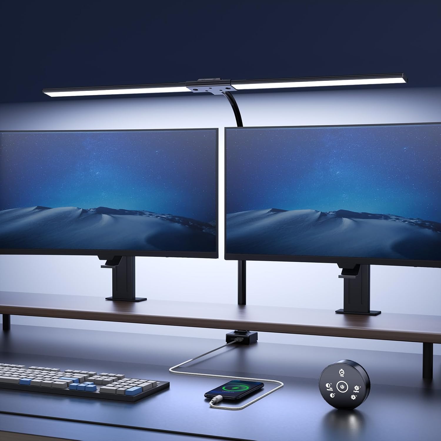 Schreibtischlampe LED dimmbar – 1500LM 24W klemmbare Büro-Schreibtischlampe mit Fernbedienung, 80 cm Schwanenhals-Schreibtischlampe, Tageslichtlampe mit Ladefunktion, für Büro und Zuhause, Schwarz