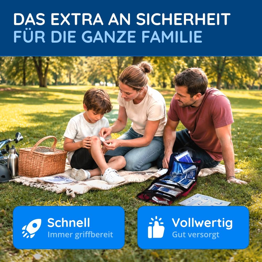 FLEXEO Erste-Hilfe-Set „Familie“ | 130-teilige Tragetasche | für Familien und Zuhause | inkl. Brandgel, Wundnahtstreifen und Augenspülung | Ideal als Hausapotheke, Vorsorge, für Haushalt mit Kindern – Bild 3