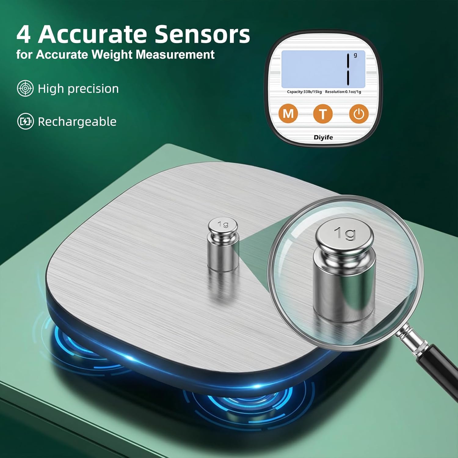 Diyife Aufladende digitale Küchenwaage 15 kg mit geteiltem LCD-Display, Grammwaage hochpräzise 1 g, Lebensmittelwaage aus 304 Edelstahl, 7 Einheiten, abgerundetes Design – Bild 4