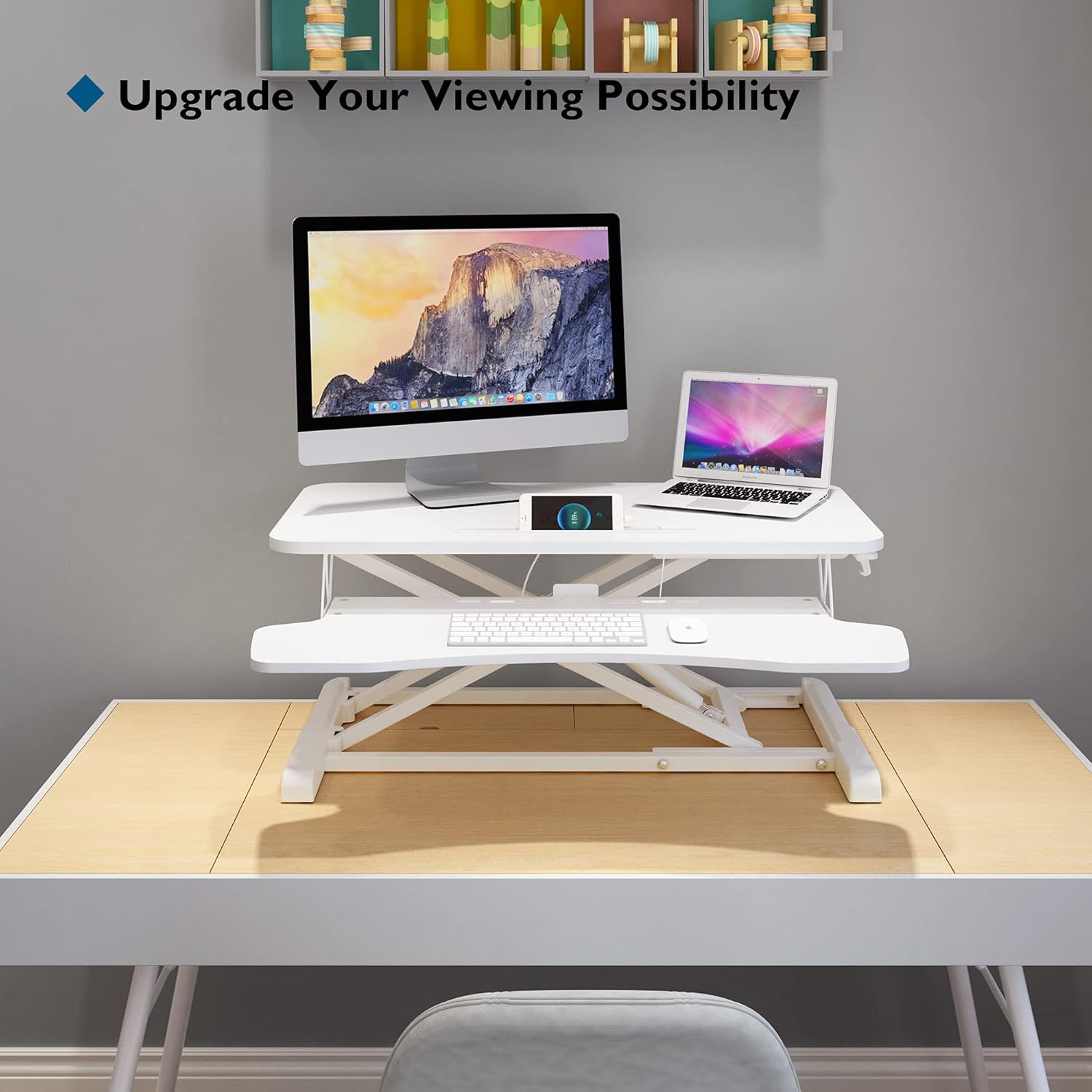 BONTEC Stehsitz, Schreibtisch, Stehpult, Stehpult, ergonomisch höhenverstellbar für PC-Computerbildschirm, Laptop, 80 x 40 cm große Plattform mit Tastaturablage, 15 kg Tragkraft, weiß – Bild 7