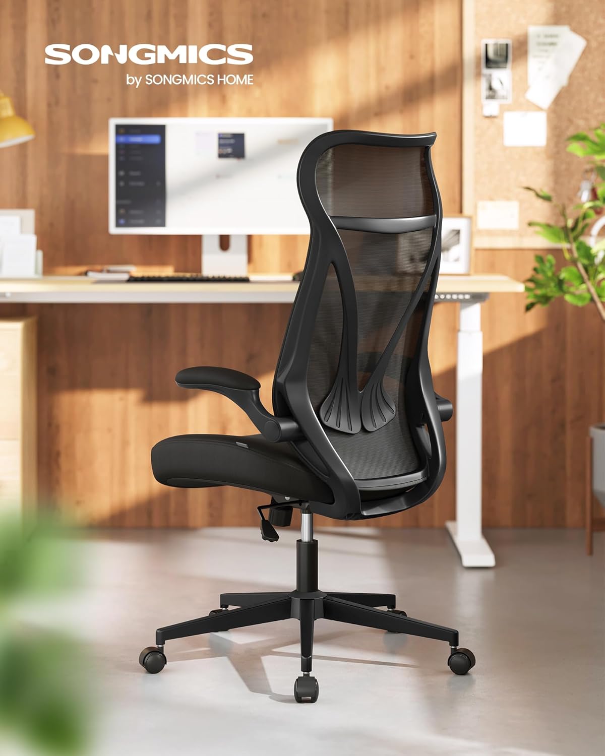 SONGMICS OBN088B01 Bürostuhl, ergonomische Rückenlehne, höhenverstellbar, hochklappbare Armlehnen, drehbarer Schreibtischstuhl mit Kopfstütze, belastbar bis 150 kg, Tintenschwarz – Bild 3