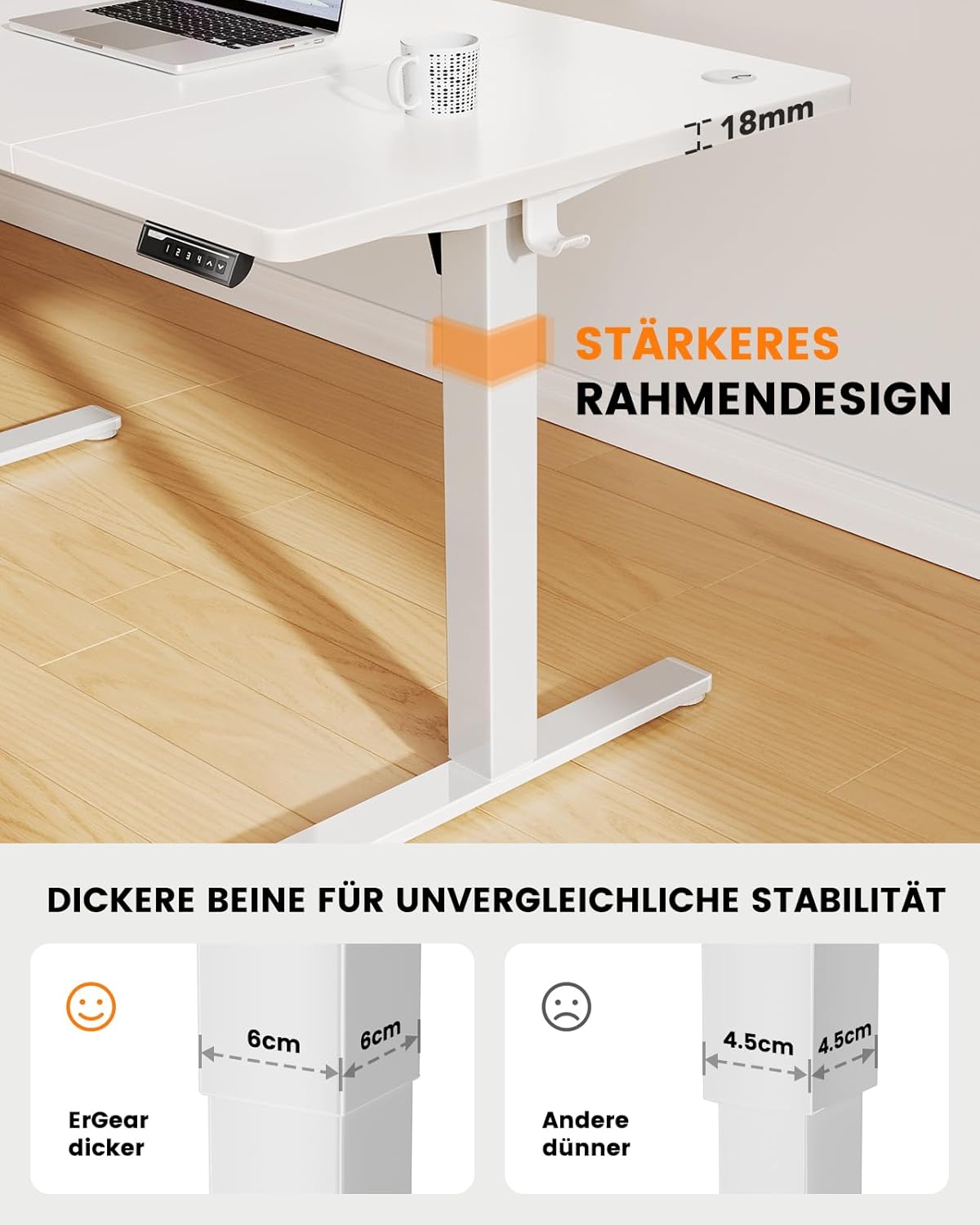 ErGear Höhenverstellbarer Schreibtisch, 140 x 80 cm, 100 kg Tragkraft, elektrischer Schreibtisch mit fortschrittlichem bürstenlosem Motor, leise Funktion, robustes Metallgestell, vierteilige Tischplatte – Bild 5