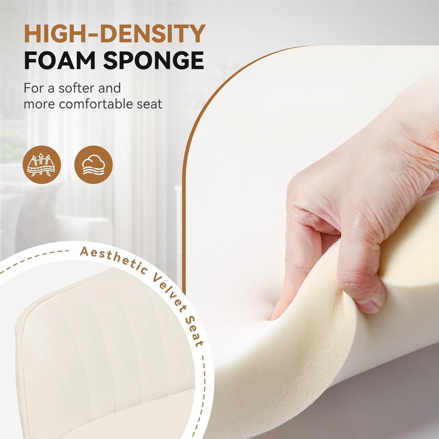 Home-Office-Stuhl, Samtstuhl mit Kissen, 360° drehbar, höhenverstellbarer Bürostuhl, ergonomisch, Schminkstuhl, Drehstuhl, für Arbeitszimmer, Schlafzimmer, maximale Belastung 120 kg, Beige – Bild 7