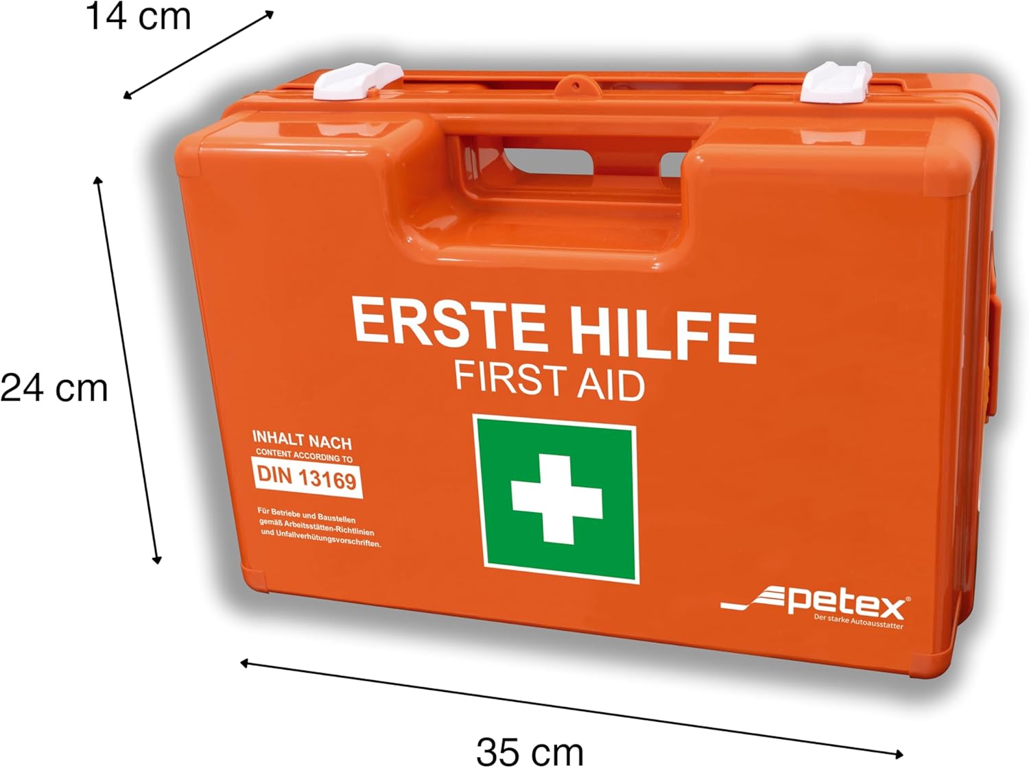 PETEX Profi-Erste-Hilfe-Set mit Inhalt nach DIN 13169, inkl. praktischer Wandhalterung, 5 x Aufkleber, Erste-Hilfe-Koffer, orangefarbenes Erste-Hilfe-Set für Gewerbe, Büro, Baustelle – Bild 2