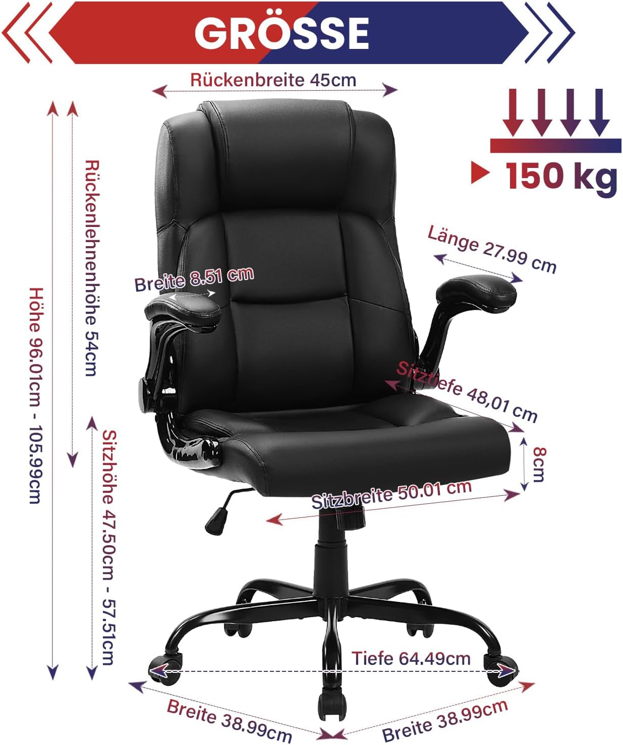 Bosmiller Ergonomischer Bürostuhl, 150 kg, verstellbarer Schreibtischstuhl, PU-Leder, Bürostuhl für Büro, mit klappbaren Armlehnen, Computer-Chefsessel – Bild 2