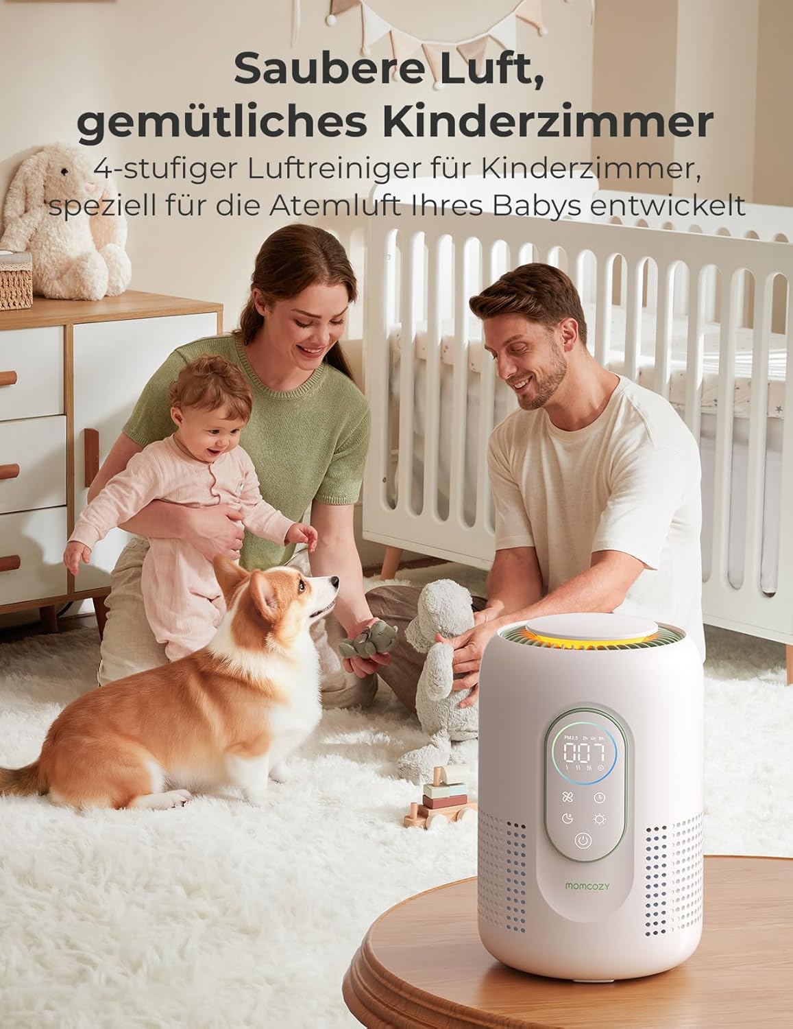 Momcozy Kinderzimmer-Luftreiniger, 4-Filtersystem mit H13-HEPA- und Aktivkohlefilter, PM2,5-Luftqualitätsüberwachung und -Anzeige in Echtzeit mit 3-Farben-Status, 21 dB Schlafmodus – Bild 2